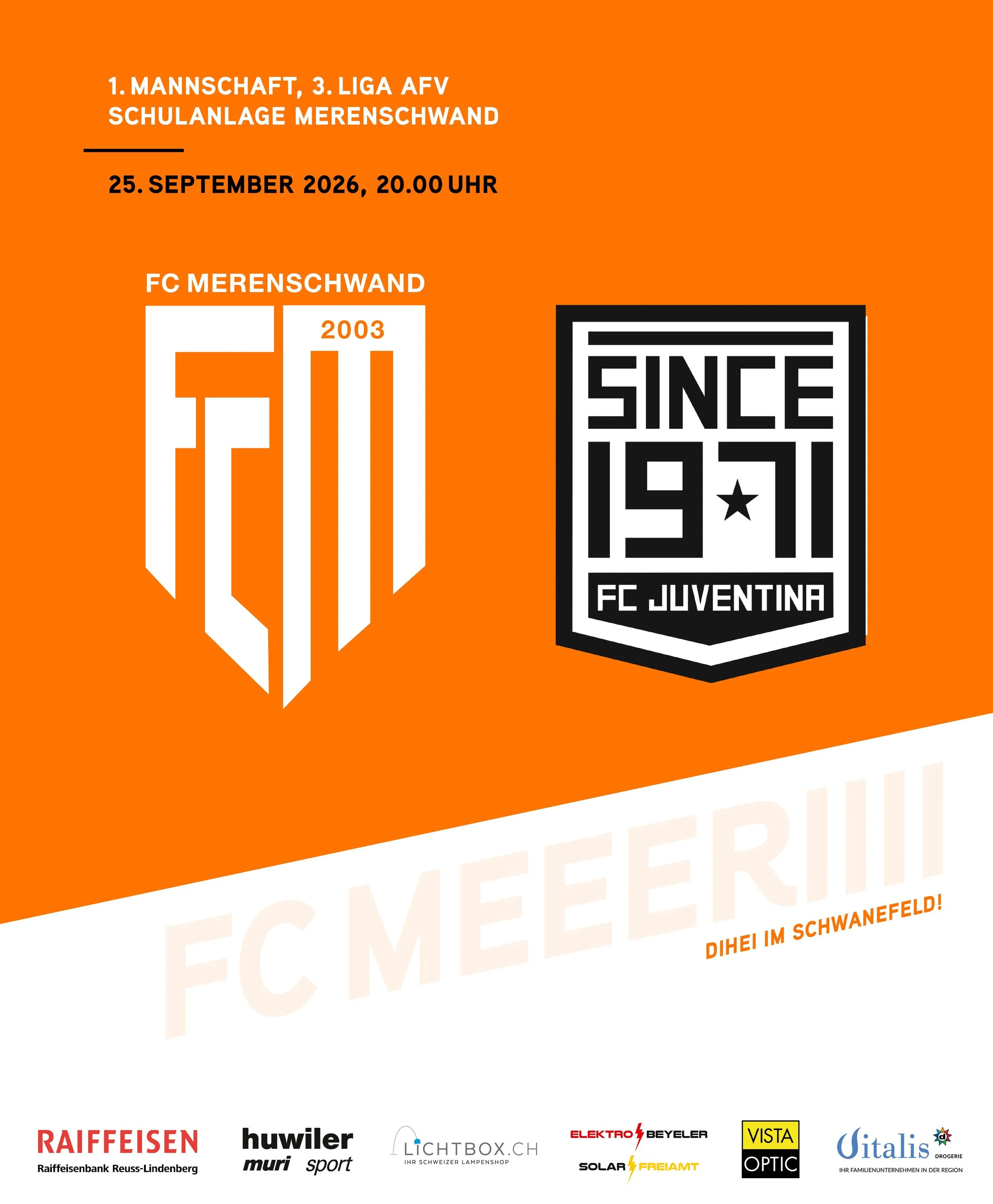 MATCHDAY🔥
Unsere 1. Mannschaft trifft heute Abend auf den FC Juventina Wettingen. Spielbeginn im heimischen Schwanenfeld ist um 20 Uhr.

Die G&auml;ste aus Wettingen sind letztes Jahr ebenfalls aufgestiegen und konnten aus sieben Spielen bereits neu