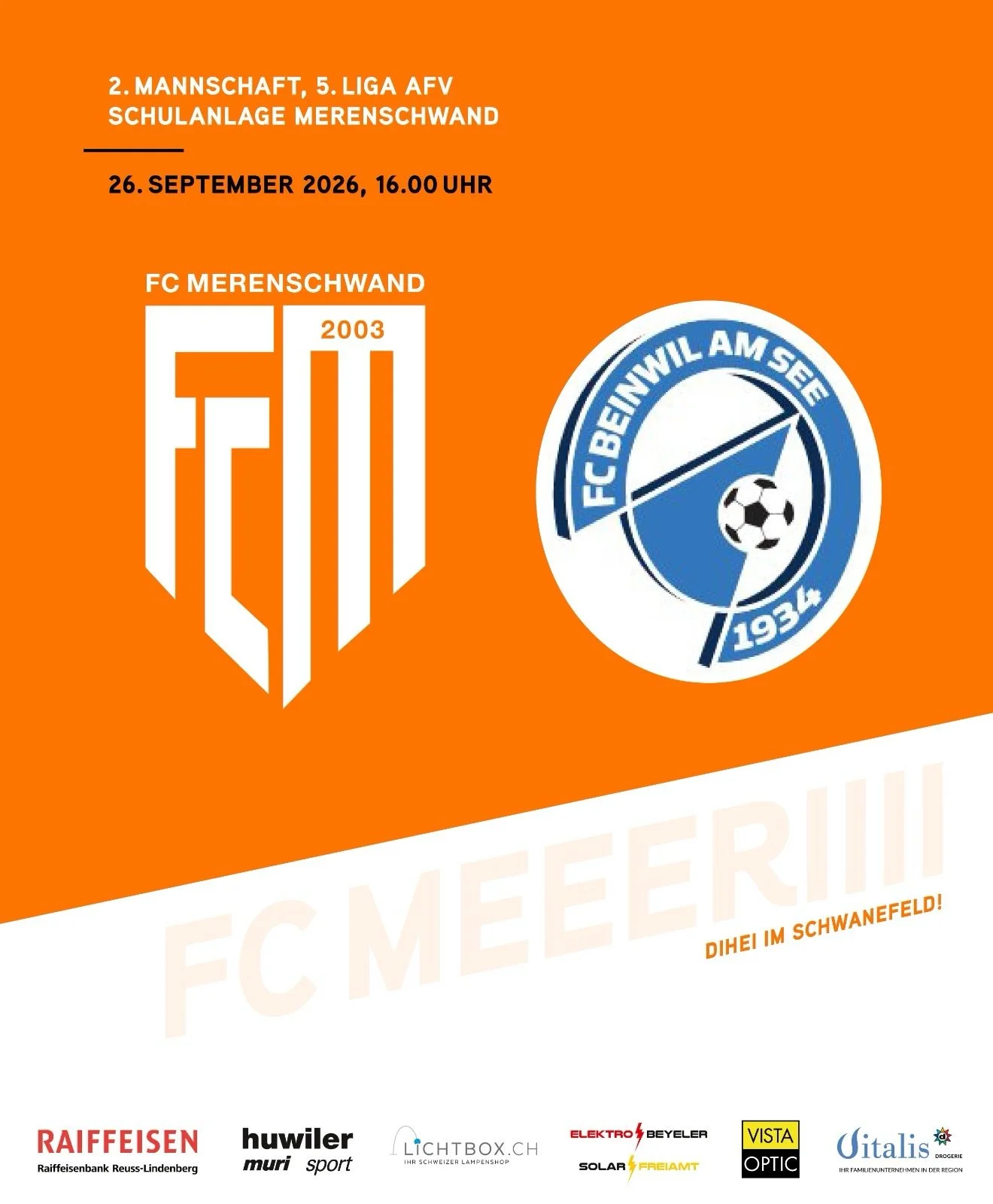 MATCHDAY🔥
Heute Nachmittag trifft unser ZWOI zuhause auf den FC Beinwil am See 2, das Spiel wird um 16 Uhr angepfiffen. Bereits um 10 Uhr findet zudem noch ein Juniorenspiel statt, unsere D7a-Junioren treffen auswarts auf den FC Othmarsingen D7b.

H