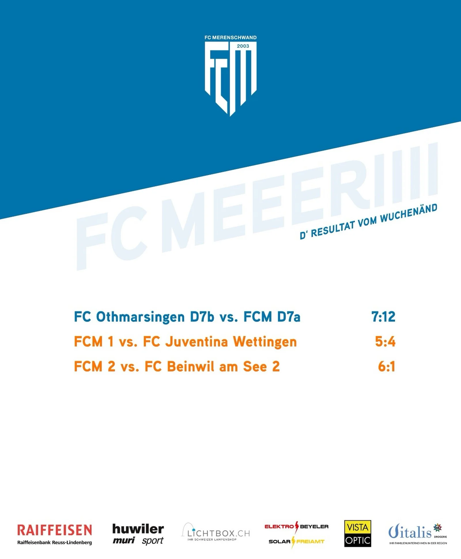 d&lsquo;Resultat vom Wuchen&auml;nd🧡🤍
ein erfolgreiches FCM-Wochenende liegt hinter uns, sowohl die D7a-Junioren, wie auch die beiden Aktivmannschaften konnten ihre Meisterschaftsspiele f&uuml;r sich entscheiden. 

Weiter so, 5634!💪🏼
#fcmerenschw