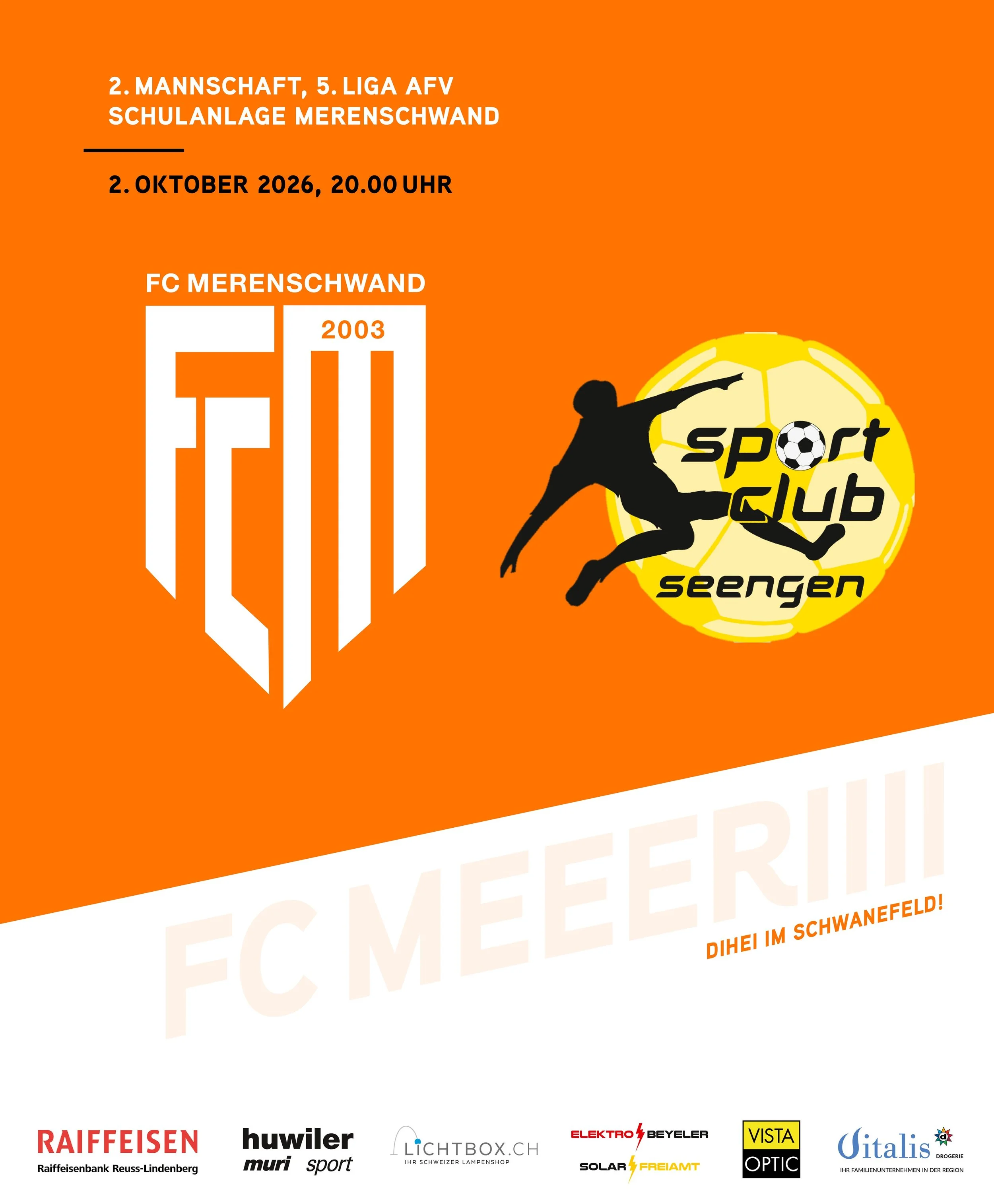 MATCHDAY🔥
Das n&auml;chste Heimspiel f&uuml;r unsere 2. Mannschafts steht an: um 20 Uhr empf&auml;ngt unser ZWOI die 2. Mannschaft vom SC Seengen. Mit einem Heimsieg k&ouml;nnte man den Gast aus Seengen in der Tabelle &uuml;berholen und den Anschlus