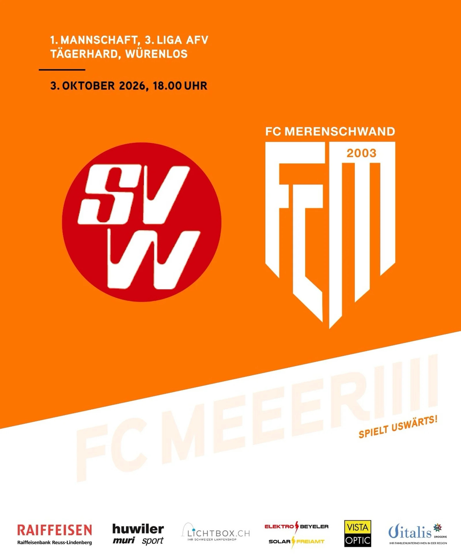 MATCHDAY🔥
Ausw&auml;rtsspiel f&uuml;r unsere 1. Mannschaft: um 18 Uhr in trifft man auf den SV W&uuml;renlos. Folgt heute direkt der n&auml;chste Sieg?

HOPP FCMERI 🧡🤍
#fcmerenschwand #awaygame