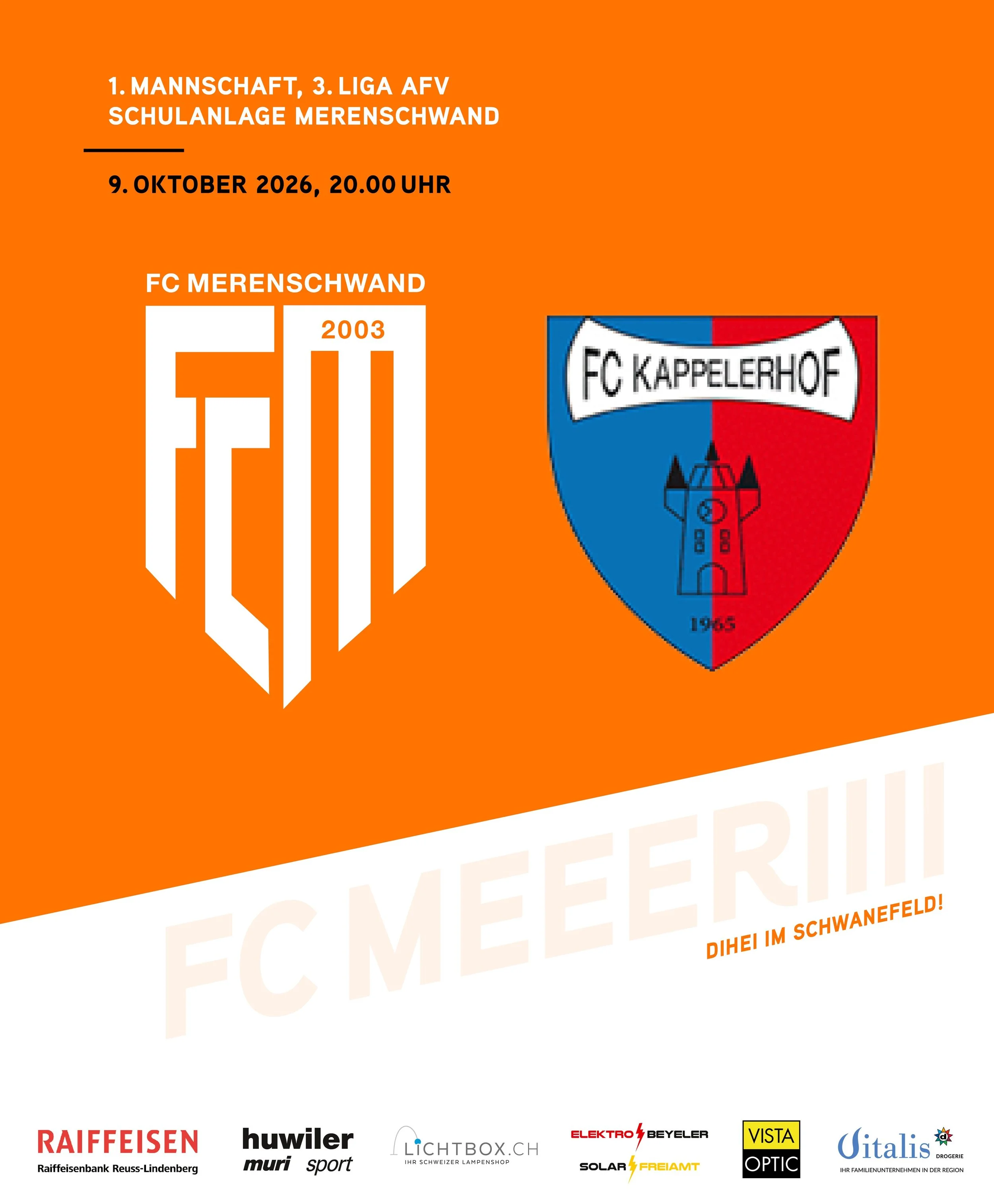 d'Spiel vom Wuchen&auml;nd🔥
Unsere 1. Mannschaft trifft heute Abend zuhause auf den FC Kappelerhof, Spielbeginn ist um 20 Uhr. Die beiden Teams freuen sich auf ein faires Spiel und zahlreiche Zuschauer. 

Am Samstag steht dann auch noch ein Heimspie