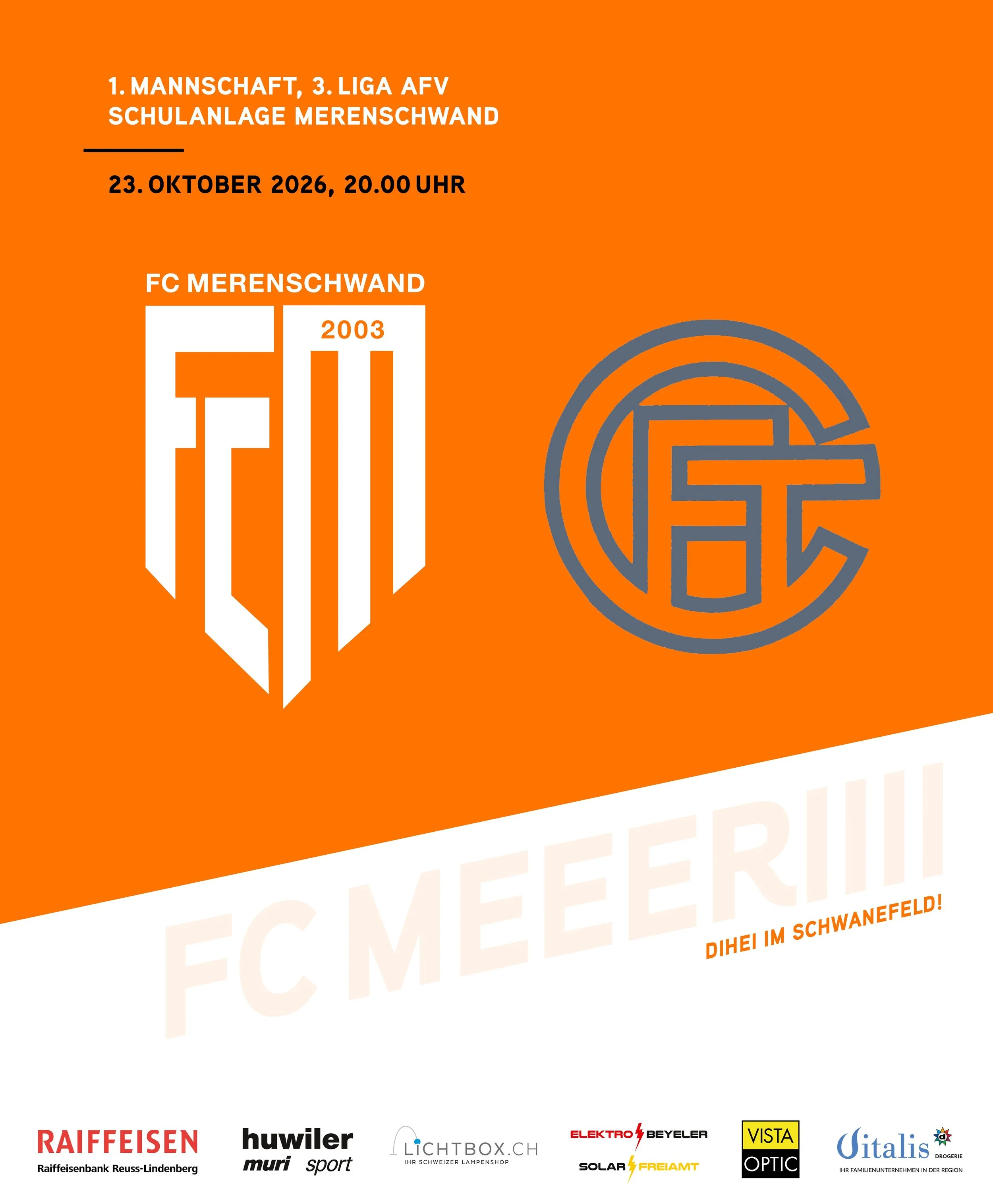 MATCHDAY🔥
Das letzte Heimspiel f&uuml;r unsere 1. Mannschaft steht an: um 20 Uhr ist der FC Turgi zu Gast im Schwanenfeld. Mit einem Heimsieg k&ouml;nnte man den Anschluss an die Nicht-Abstiegspl&auml;tze bewahren und sich eine gute Ausgangslage f&u