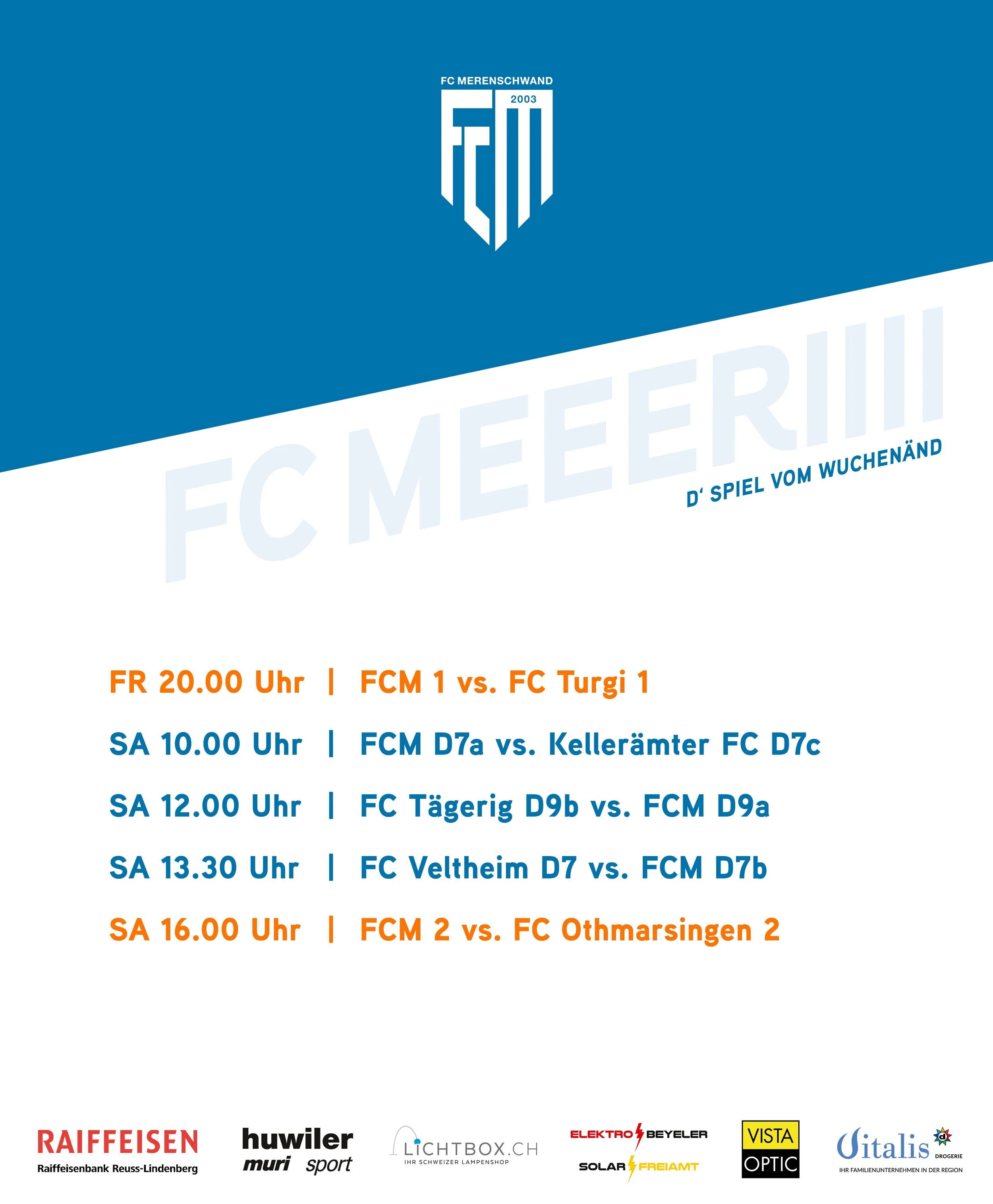 d'Spiel vom Wuchen&auml;nd🔥
Unsere 1. Mannschaft trifft heute Abend zuhause auf den FC Turgi, Spielbeginn ist um 20 Uhr. Es ist das letzte Heimspiel unserer 1. Mannschaft diesen Herbst. 
Am Samstag stehen auch unsere Junioren wie auch die zweite Man