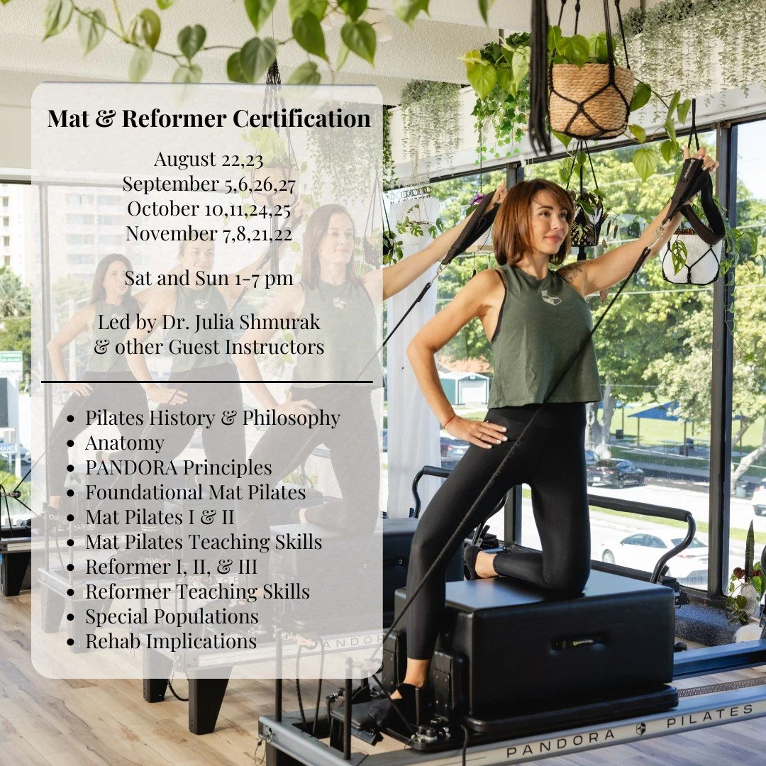 Dr. Julia Shmurak performing a Pilates exercise with Teacher Trainers on a reformer machine with large windows and green plants around at Pandora Pilates Movement Academy in Miami, FL.