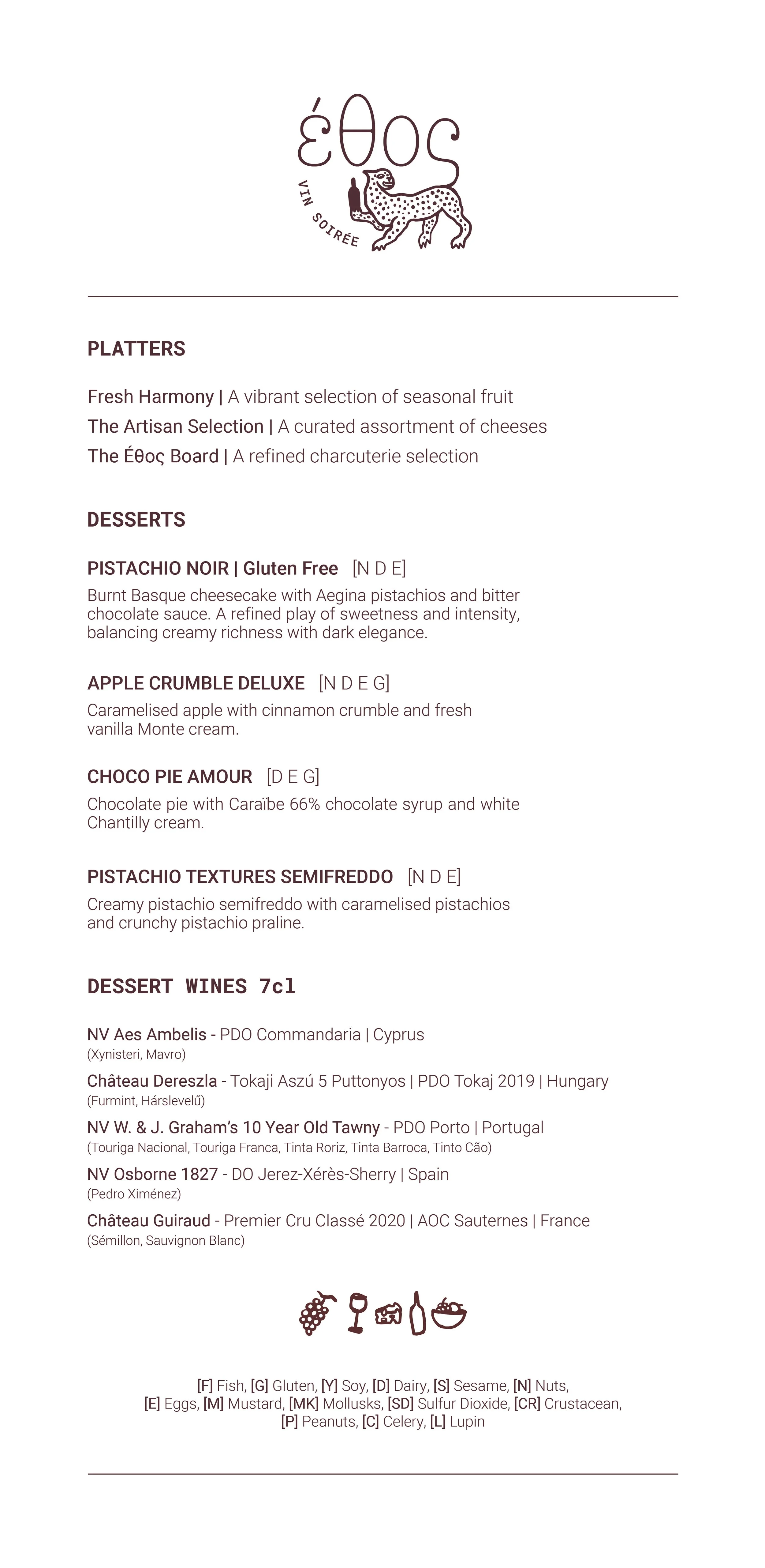 Restaurant menu with a logo at the top, sections for appetizers and desserts, and a list of wine pairings. The menu features cheeses, charcuterie, and various dessert options like pistachio cheesecake and apple crumble, with a selection of wines from Cyprus, Hungary, Portugal, Spain, and France.