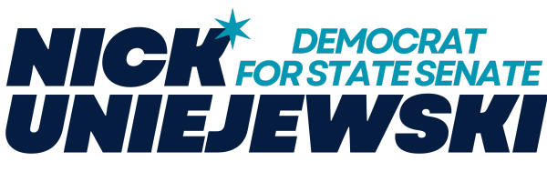 Logo that says "Nick Uniejewski Democrat for State Senate"