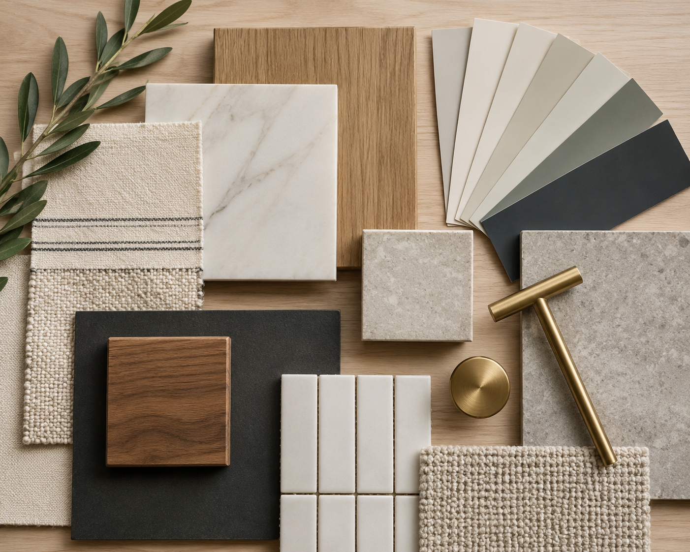 A collection of interior design materials, including tile samples, wood pieces, fabric swatches, a small branch, and a brass hammer, arranged on a wooden surface.
