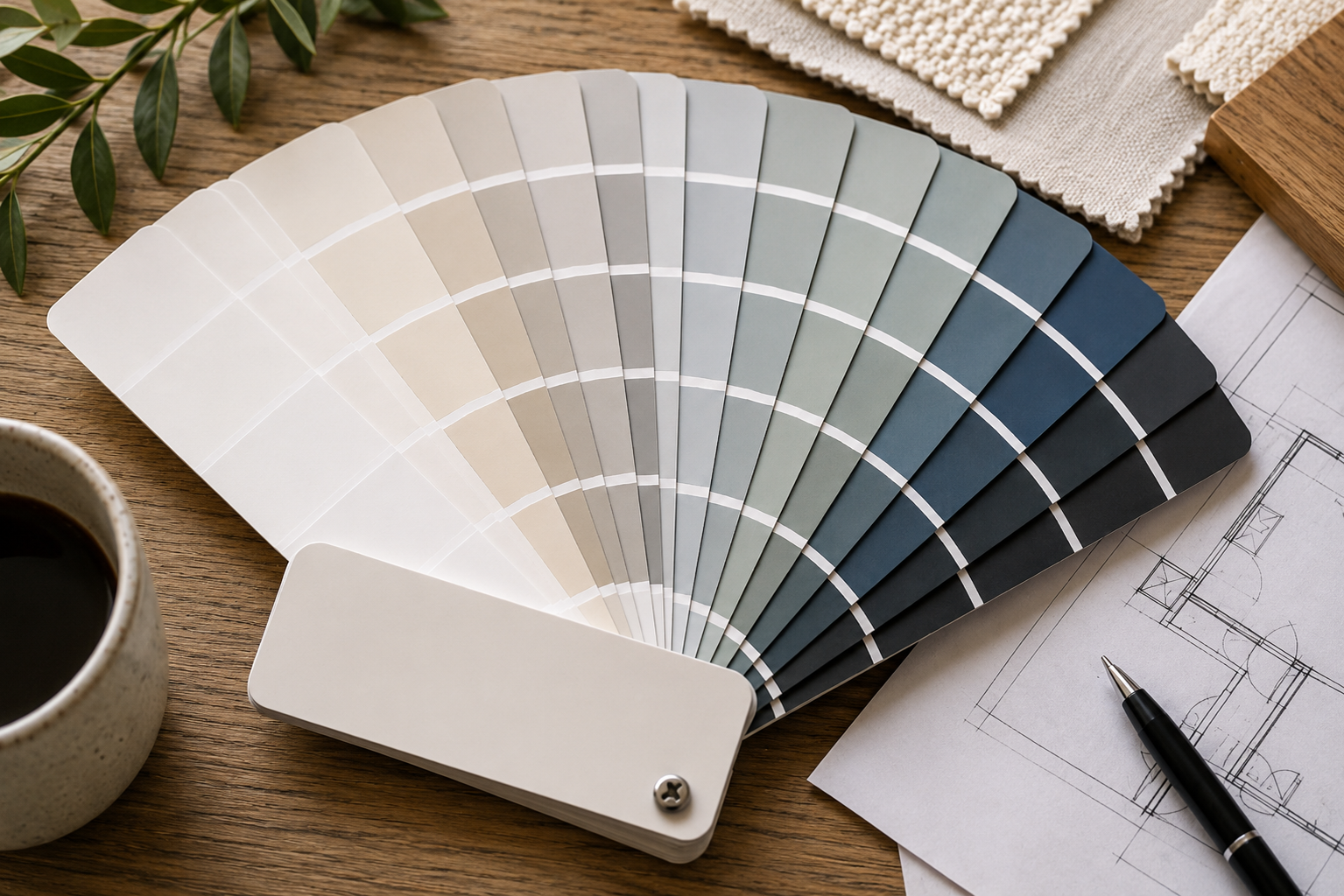 Color swatch fan with shades from light beige to dark gray, placed on a wooden desk alongside architectural blueprints, a black pen, a cup of coffee, fabric samples, and green leaves.