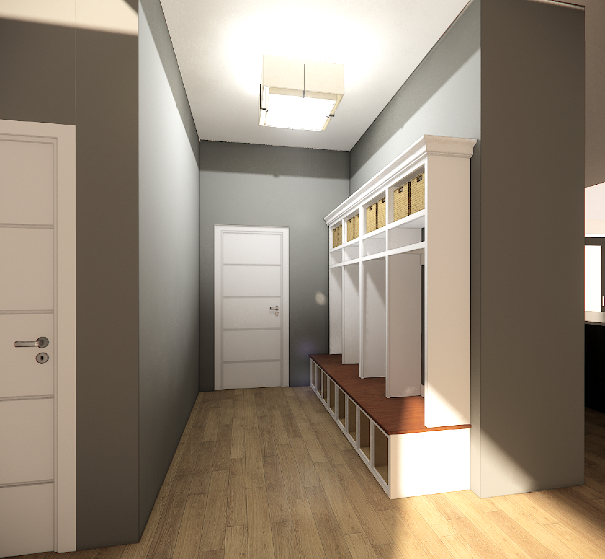 Empty hallway with gray walls, wooden flooring, white built-in shelves with wicker baskets, a white door at the end, and a ceiling light.