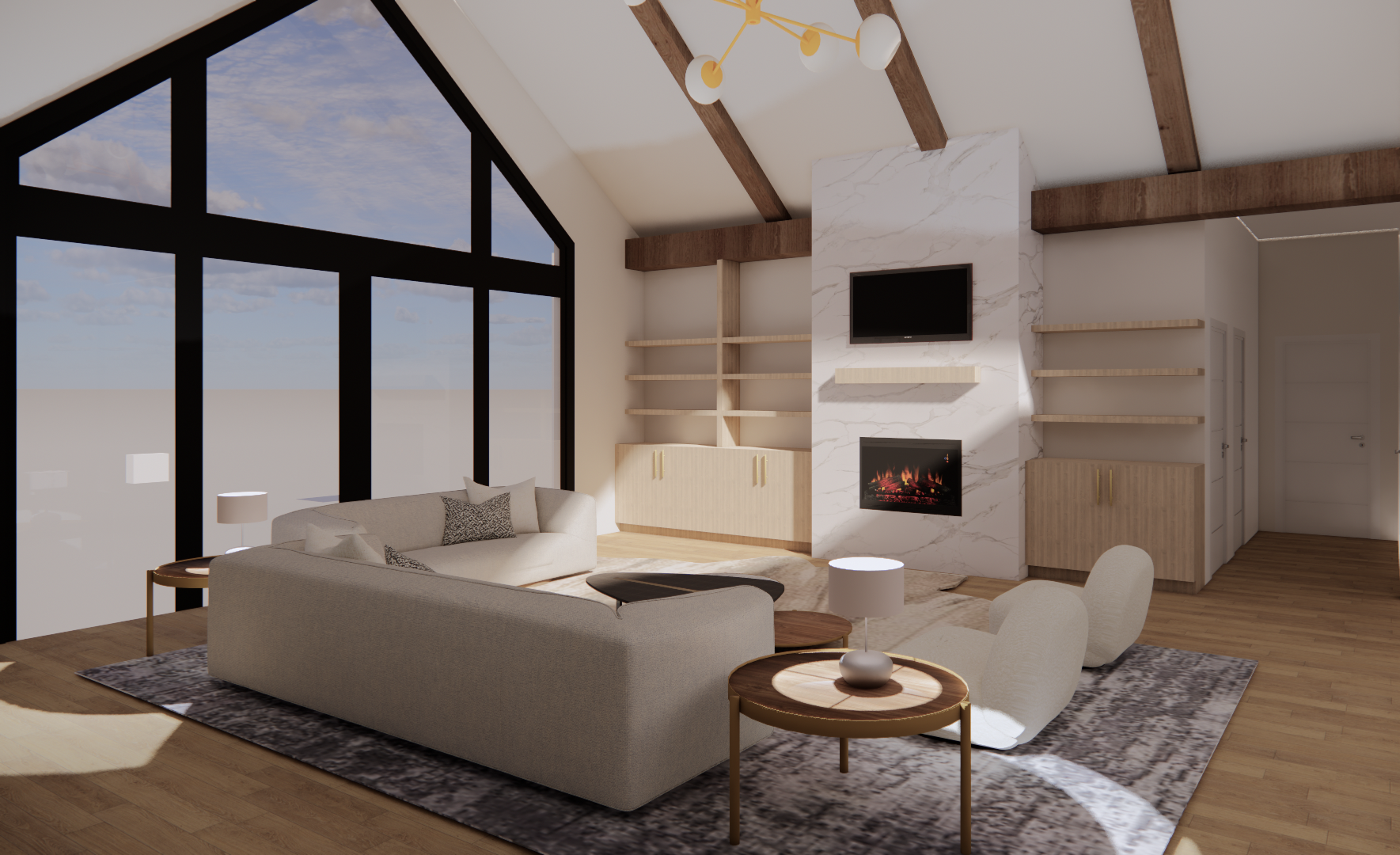 Modern living room with large black-framed windows, white sofa with pillows, round side table, area rug, wall-mounted TV, gas fireplace, built-in shelves, wooden beams on the ceiling, and a chandelier.