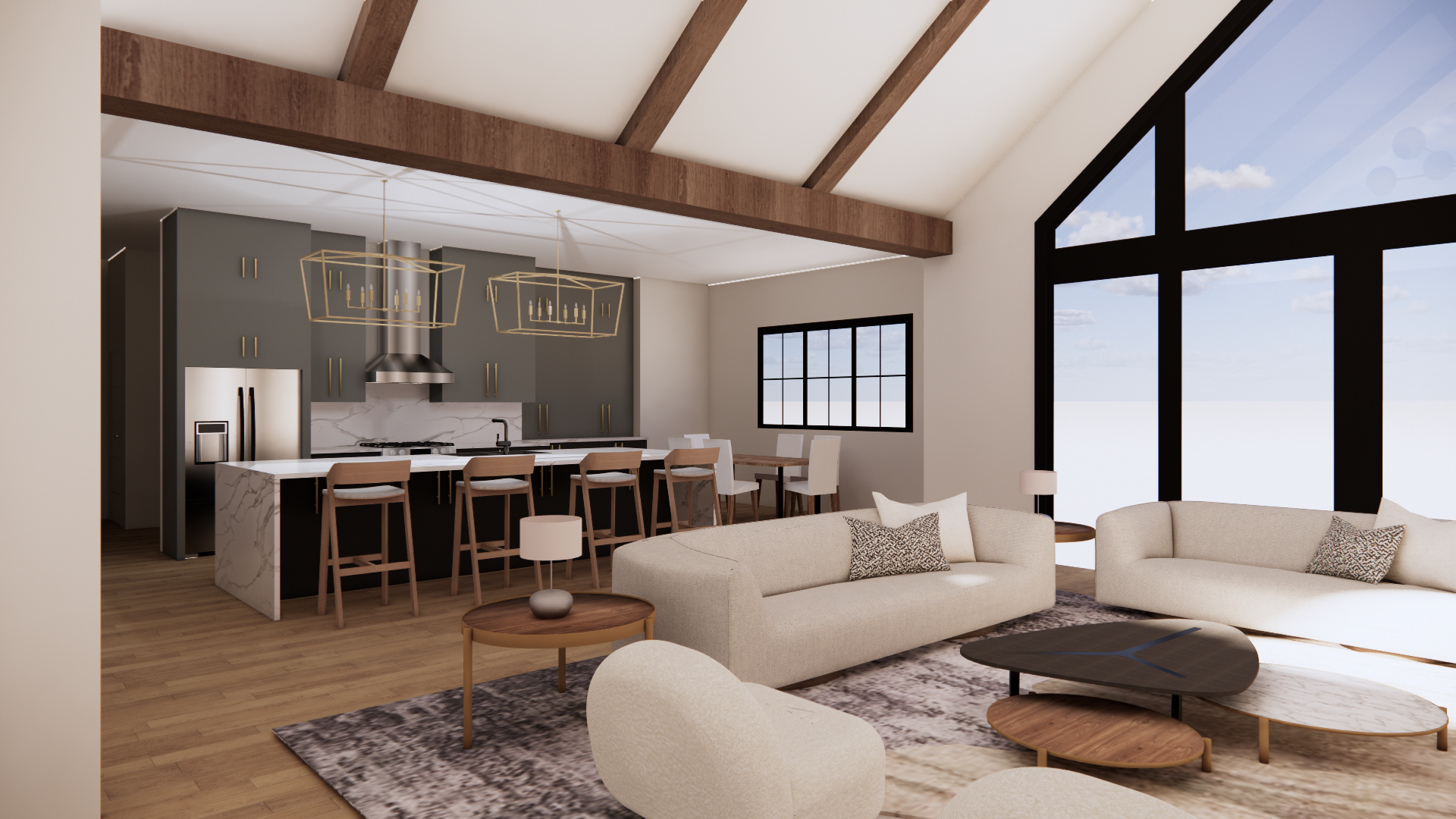 Open concept living room and kitchen with large windows, vaulted ceiling with wooden beams, beige sofas, modern coffee table, and kitchen area with dark cabinets, marble counters, and barstools.