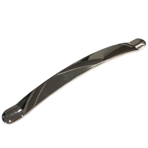 Curved metal cabinet handle with a sleek, modern design.