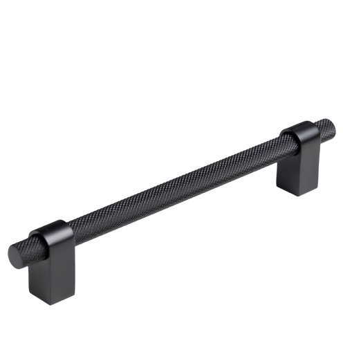 Black textured drawer pull with cylindrical design and two mounting bases.