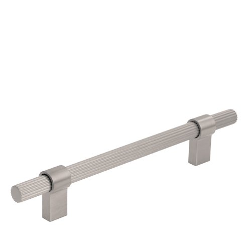 Brushed nickel cabinet handle on a white background