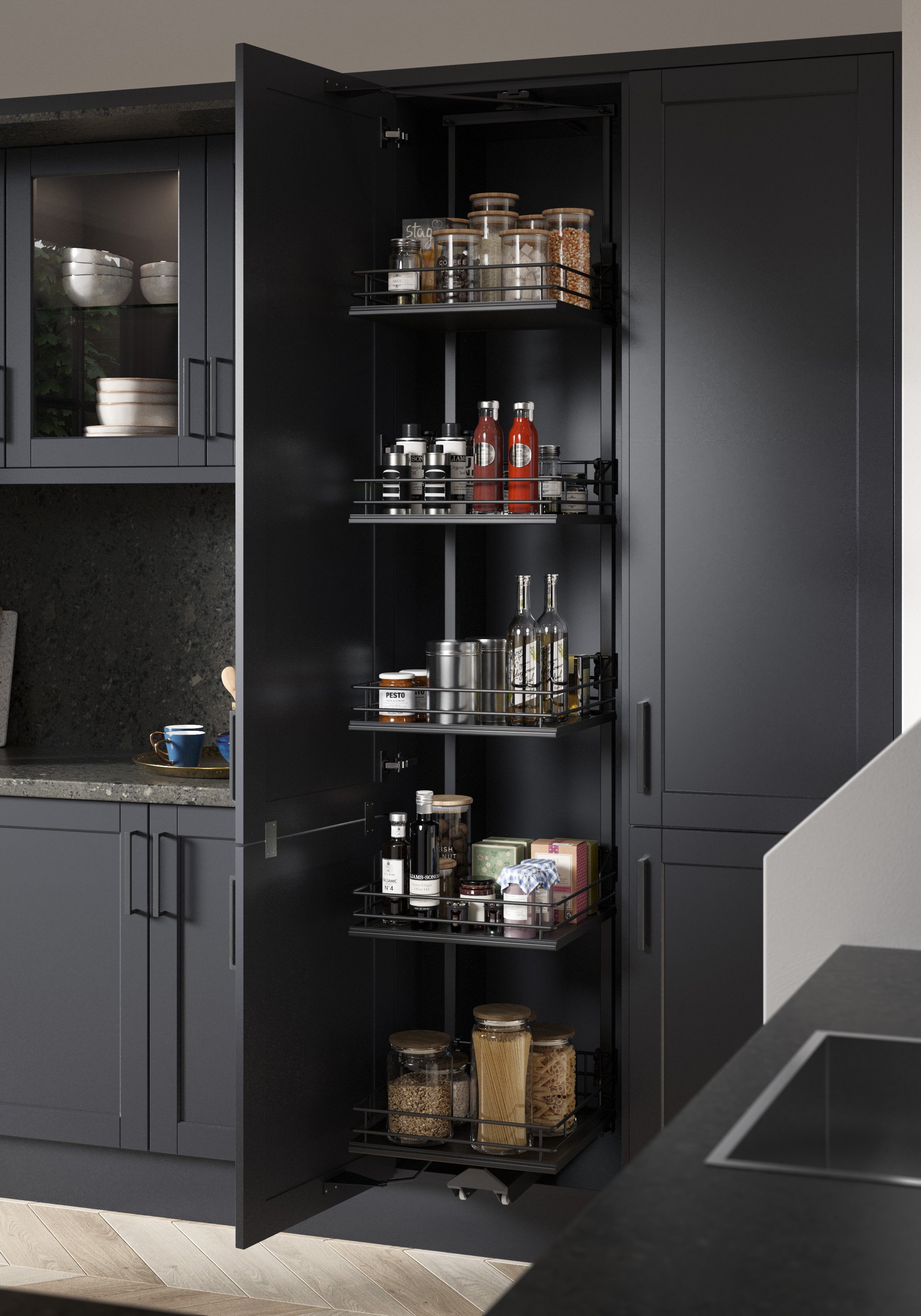 Modern kitchen pantry with organized shelves containing jars, bottles, and canned goods; sleek black cabinets and countertop.