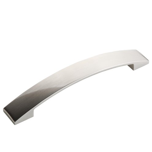 Silver cabinet handle with a curved design on a white background.