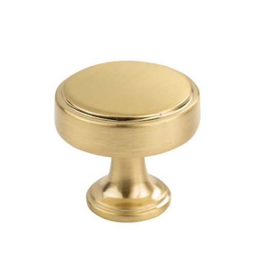 Brushed brass cabinet knob with round top and cylindrical base.
