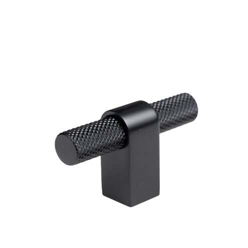 Black textured cabinet handle on white background