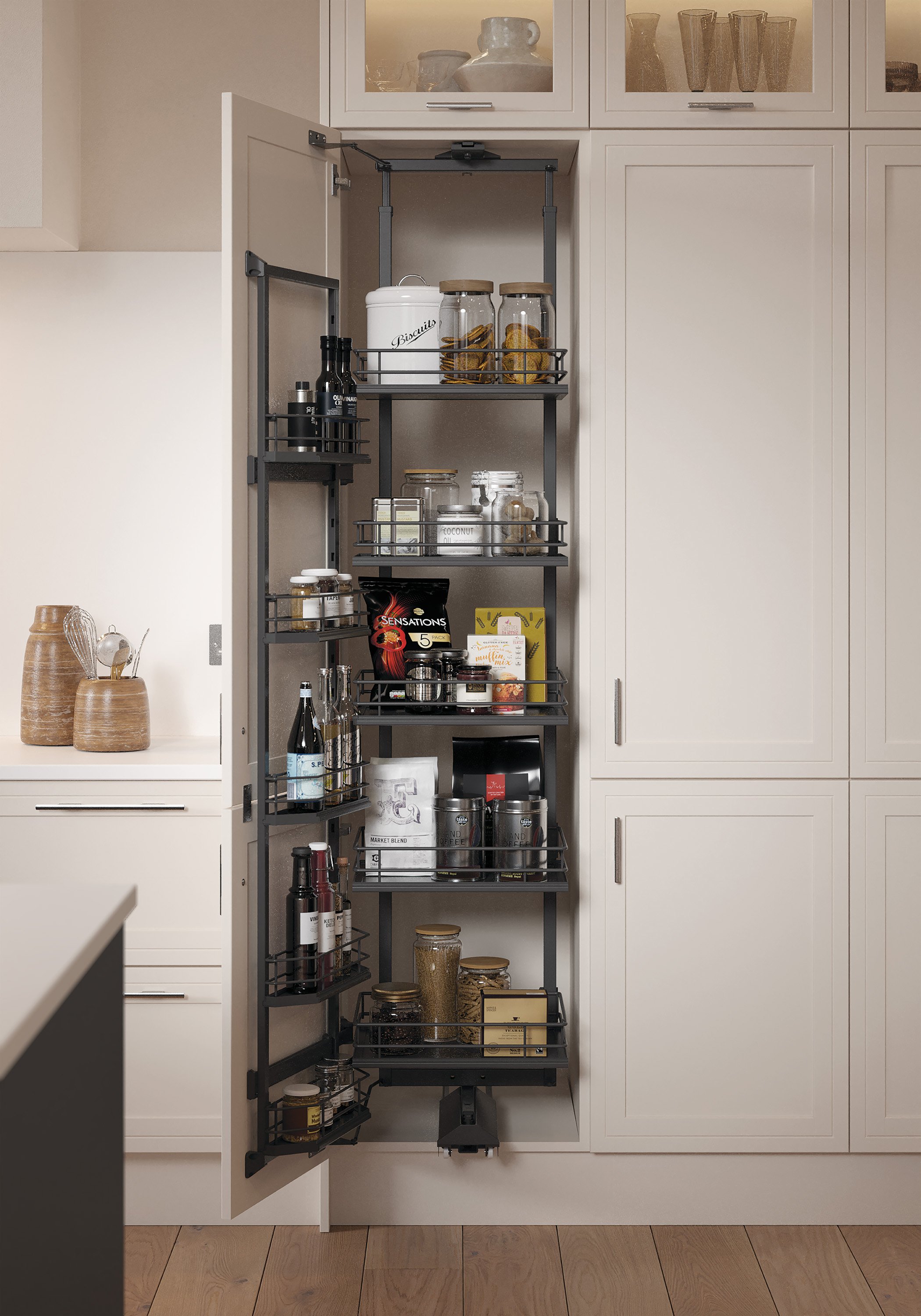 Pull-out kitchen pantry with shelves and spices
