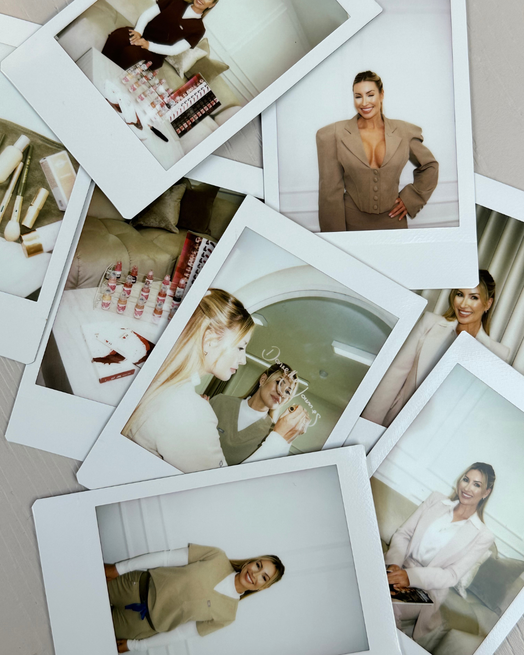Collection of photographs showing women at a beauty or cosmetic studio, with nail polish bottles and tools visible in some images.