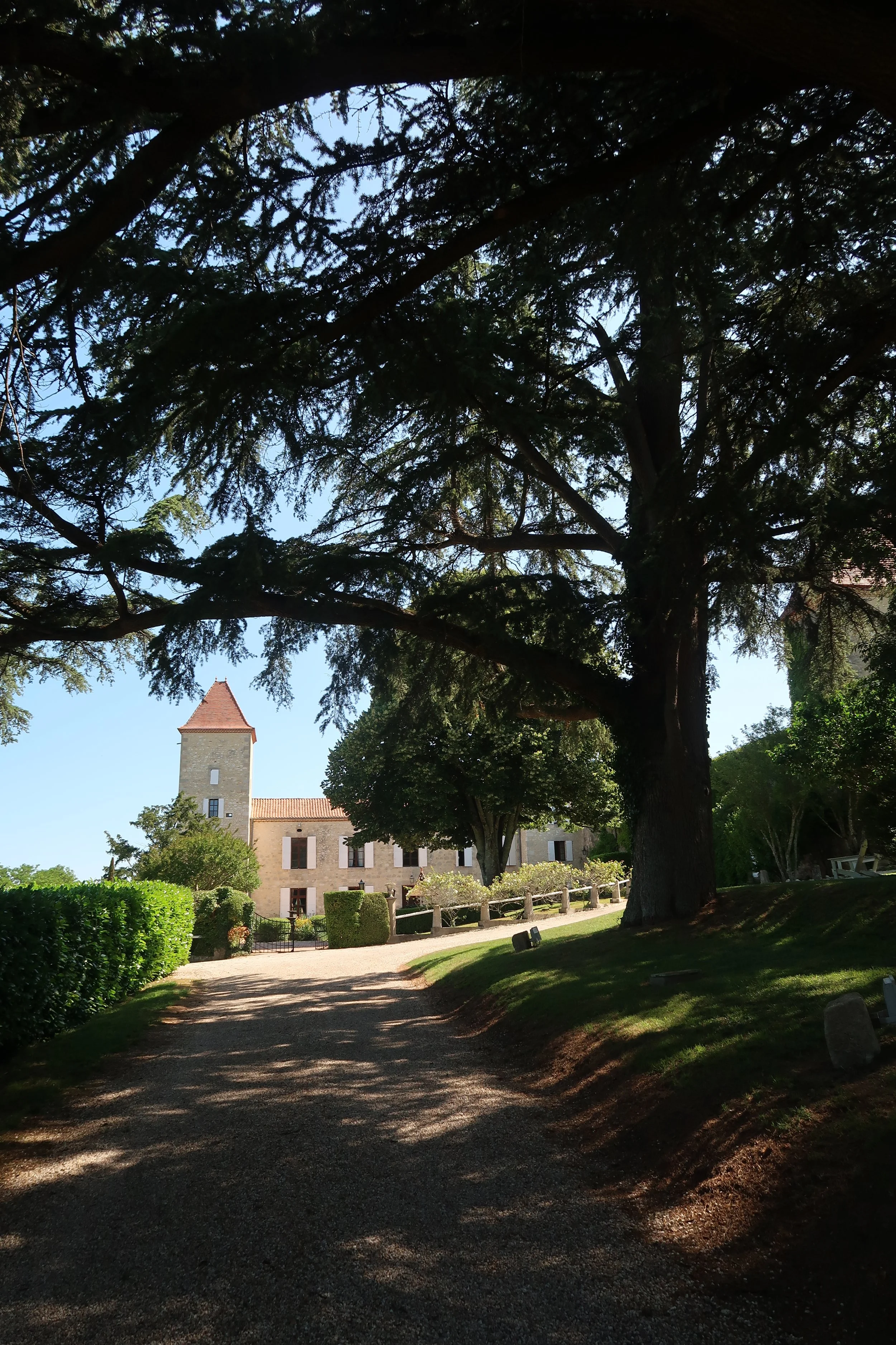 A gravel pathway leading to a building with a tower, surrounded by trees and landscaping, in a sunny outdoor setting.