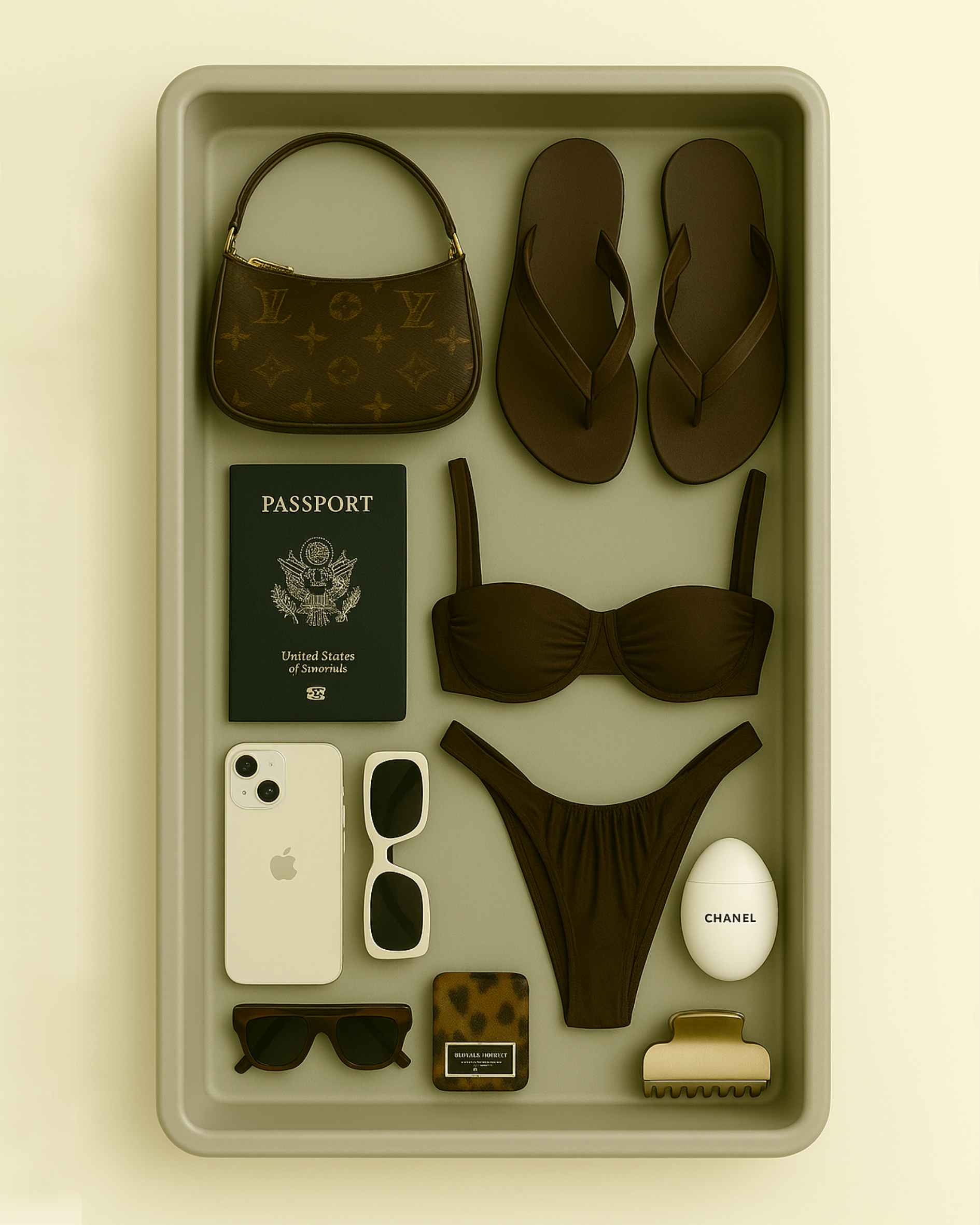 A tray containing a Louis Vuitton handbag, a pair of brown flip-flops, a U.S. passport, white sunglasses, an iPhone, a small leopard-print container, a pair of black sunglasses, a chocolate brown bikini top and bottom, a Chanel egg-shaped container, and a beige hair clip.