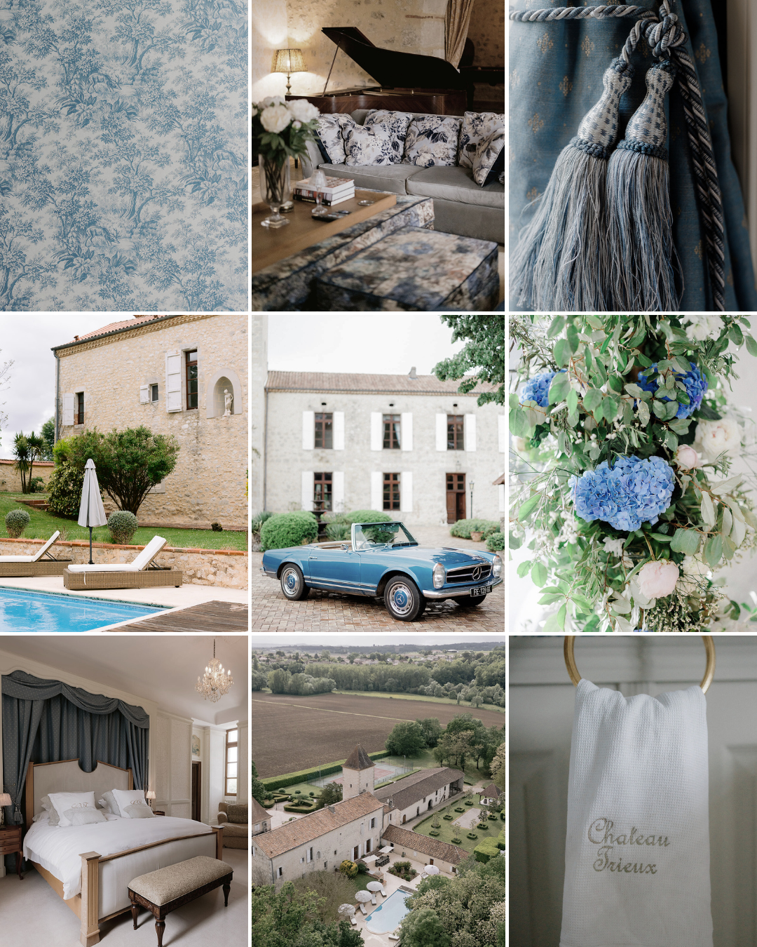 Collage of images depicting a luxurious countryside estate, including a floral wallpaper, elegant living room with a grand piano, curtain tieback, outdoor pool area with lounge chairs, vintage blue convertible car, flower arrangement with blue and white hydrangeas, a bedroom with canopy bed and chandelier, aerial view of estate with pool, and a towel with 'Chateau Trieux' embroidered on it.