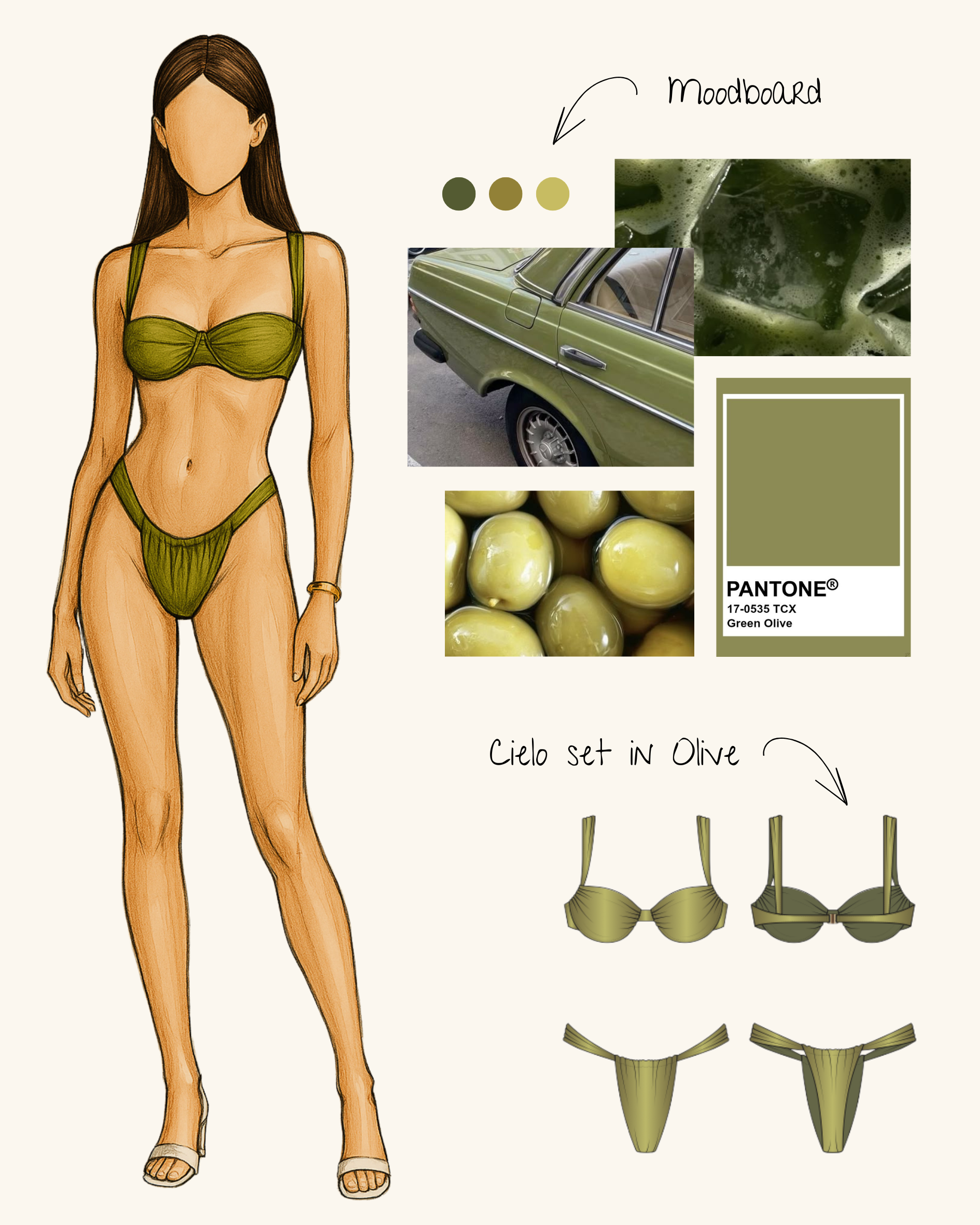 A fashion illustration of a woman in a green bikini with a matching background palette; includes moodboard images of a green car, green olives, and a green beverage; features Pantone color swatch "Green Olive" and design sketches of a similar green bikini set.