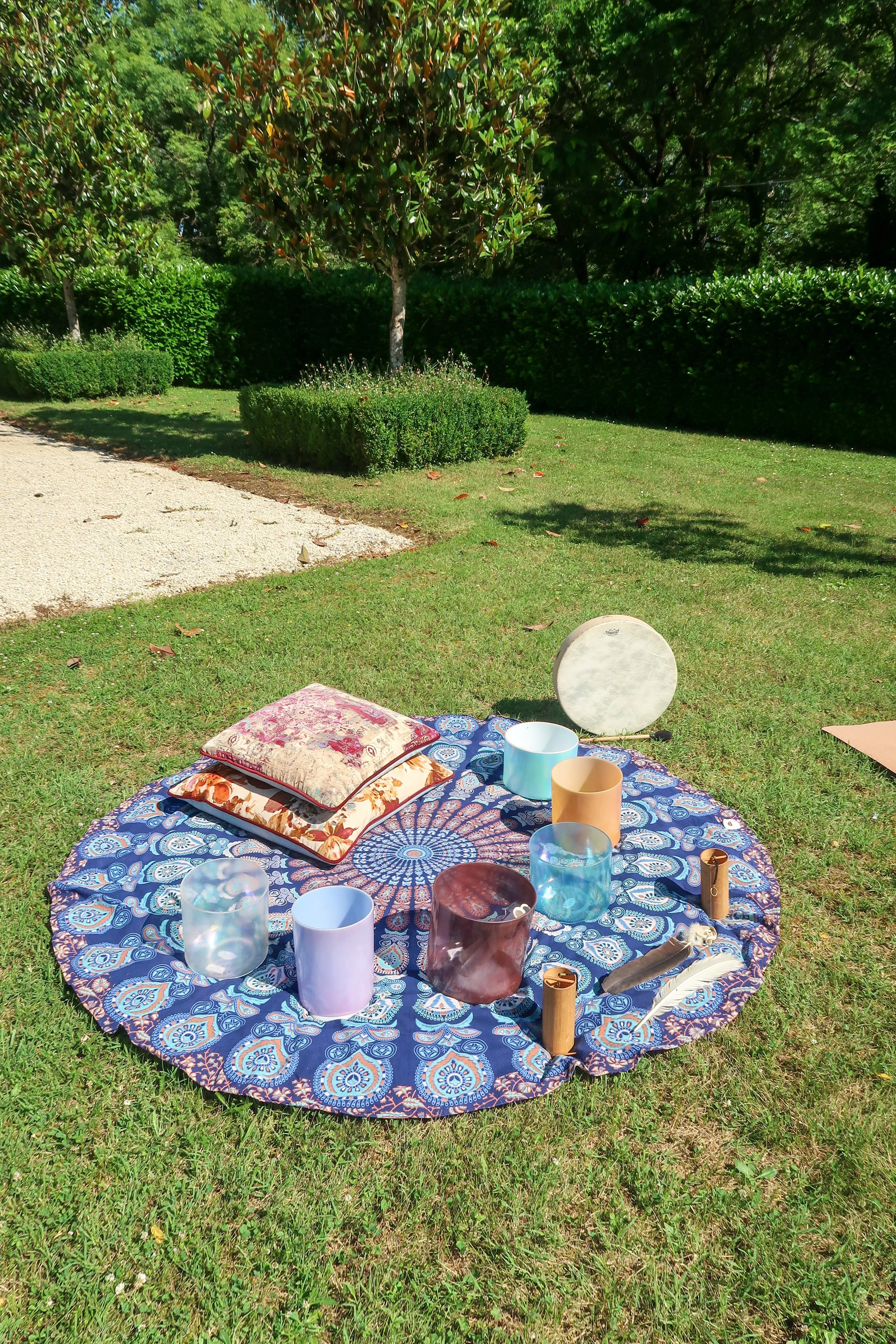 Sound bath set up outside at a chateau in the south of france. Content creation, event coverage, wellness retreats