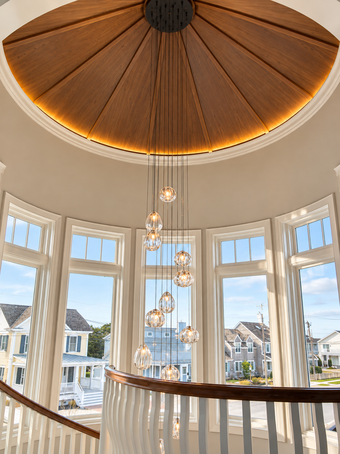 Stairwell windows with round mahogany ceiling and hanging chandelier, Stone Harbor NJ custom home