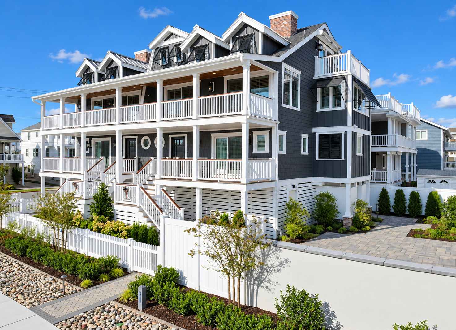 After: side view of the renovated Sea Isle City duplex with new siding, landscaping and hardscaping