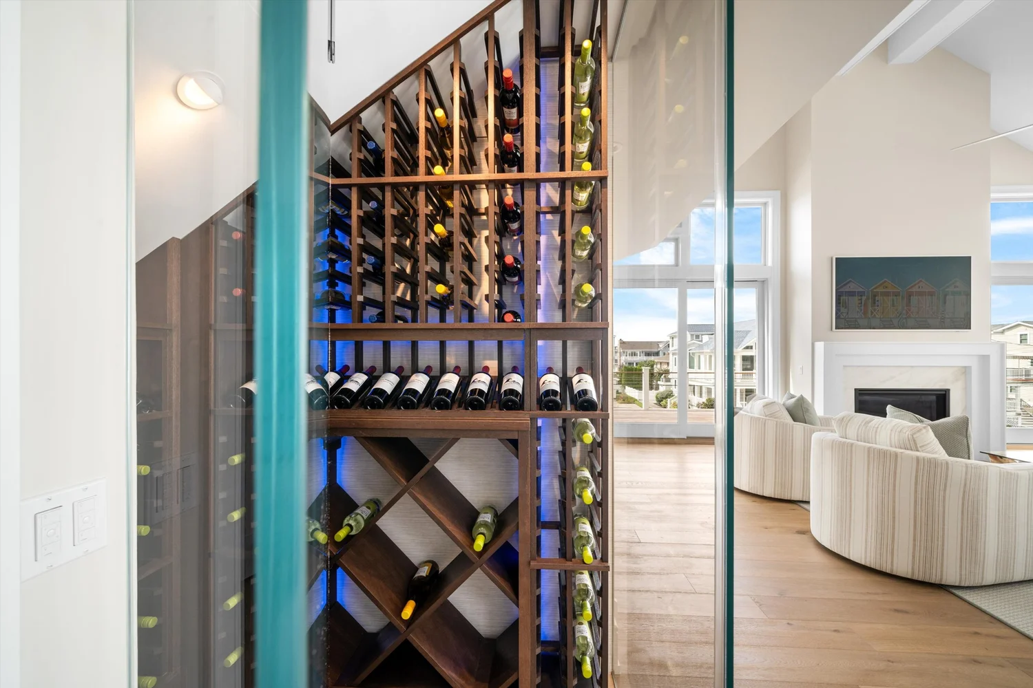 Glass-enclosed wine cellar with floor-to-ceiling racks, 245 57th St, Avalon, NJ