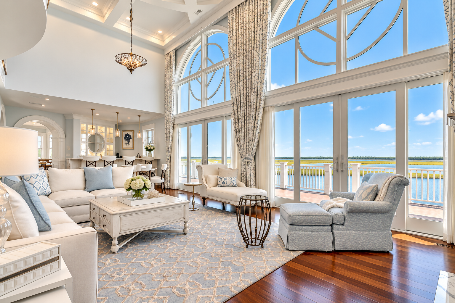 Great room with arched windows looking out over the bay in an Avalon, NJ custom home
