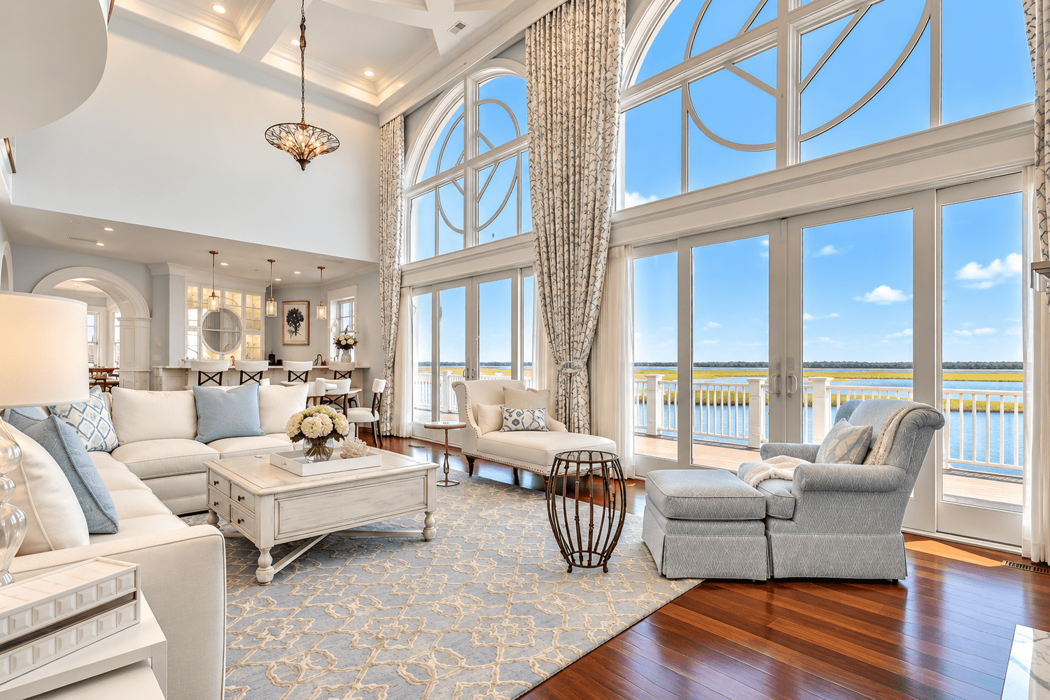 Great room with arched windows looking out over the bay, 174 Pelican Drive, Avalon, NJ