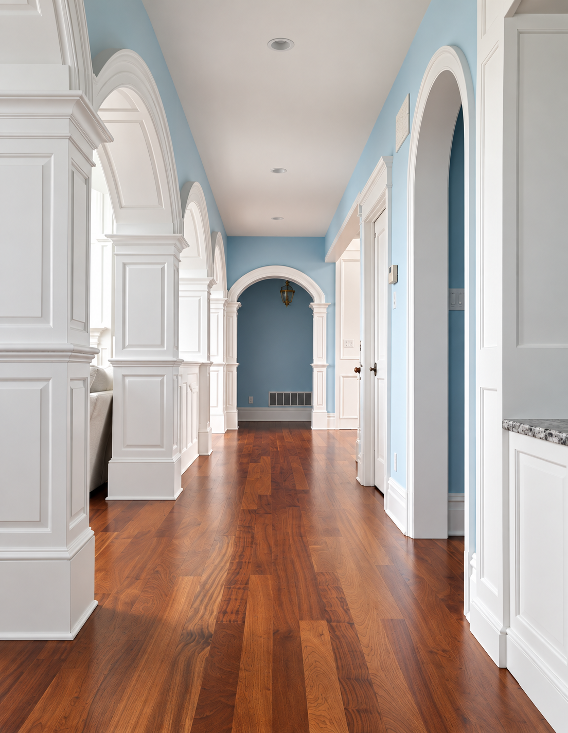 Arched hallway lined with custom millwork and columns in an Avalon, NJ custom home