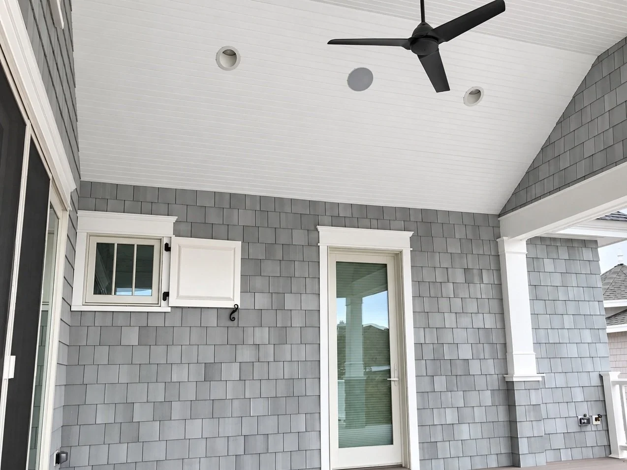 Covered porch with ceiling fan and shingle siding, Stone Harbor NJ