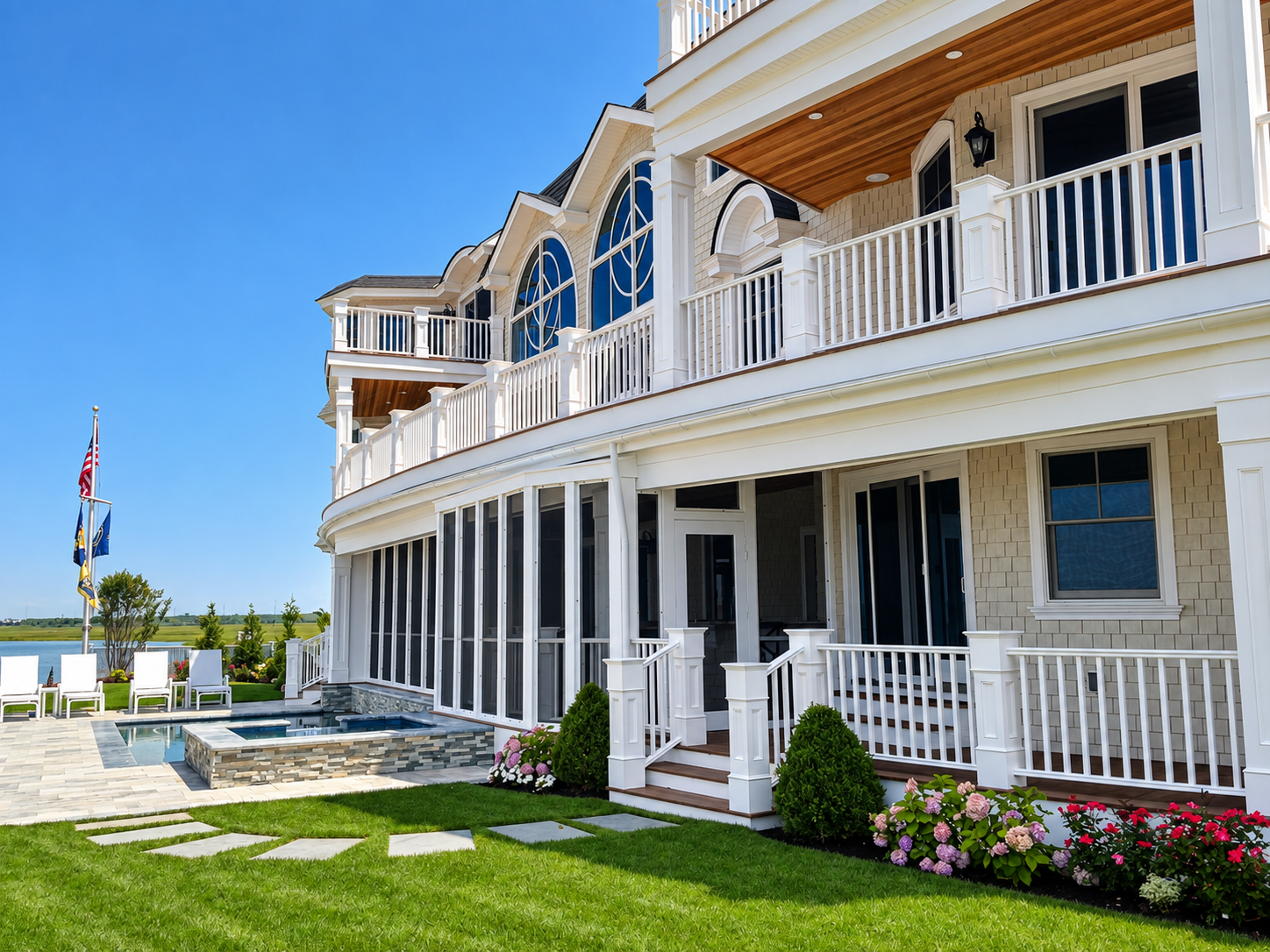 Waterfront rear of an Avalon, NJ custom home with porches, a screened porch and the new pool