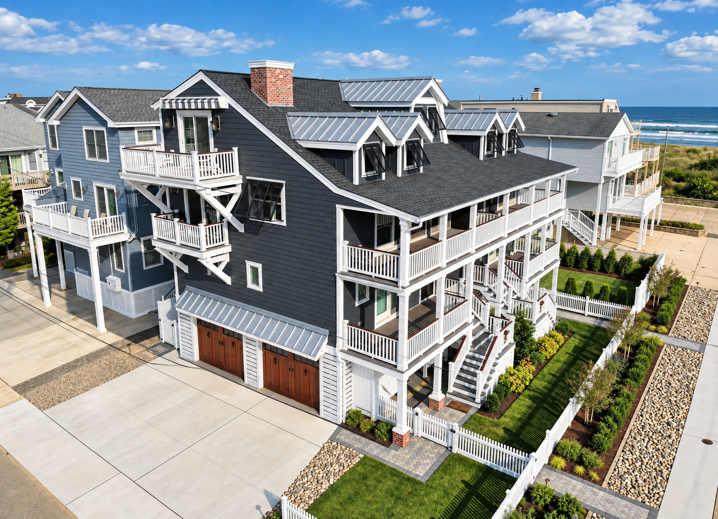 Aerial view of the renovated Sea Isle City duplex near the ocean, with new siding and hardscaping