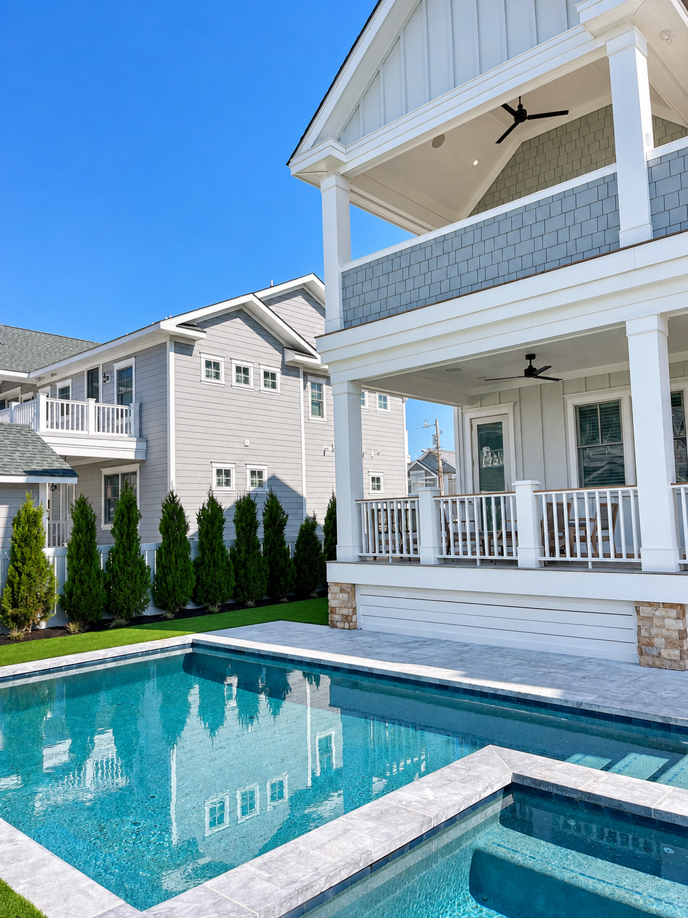 Custom gunite pool and spa beside a covered porch in Stone Harbor, NJ