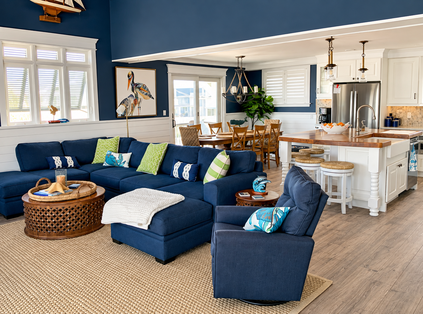 Open living, dining and kitchen area with navy accent walls in the renovated Sea Isle City duplex