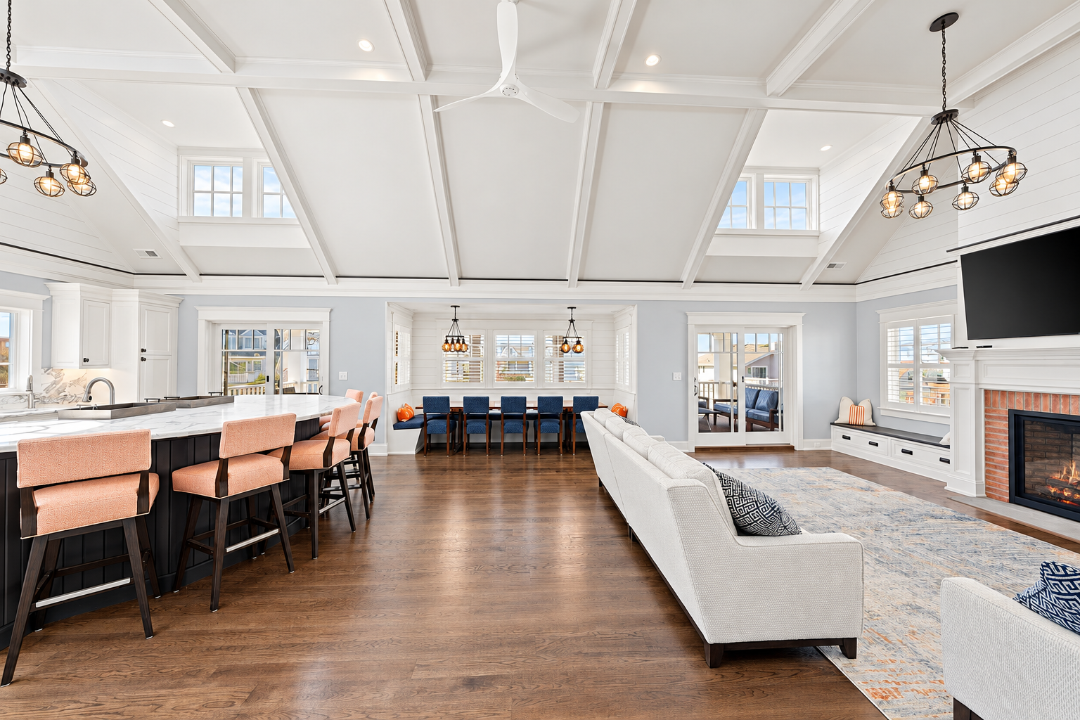 Open great room with the kitchen, banquette and living area, 213 57th St, Avalon, NJ