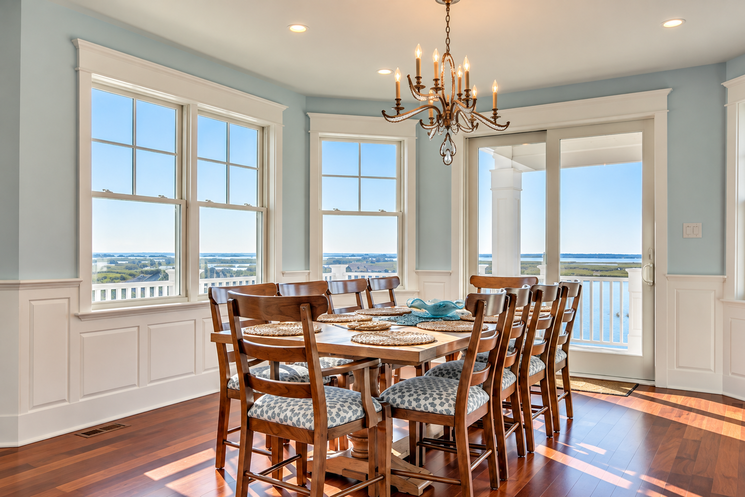 Dining room with a chandelier and bay views in a new custom home in Avalon, NJ