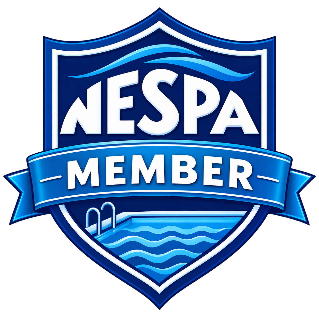Nespa Member badge with blue shield, wave accents, and pool ladder, indicating membership status.