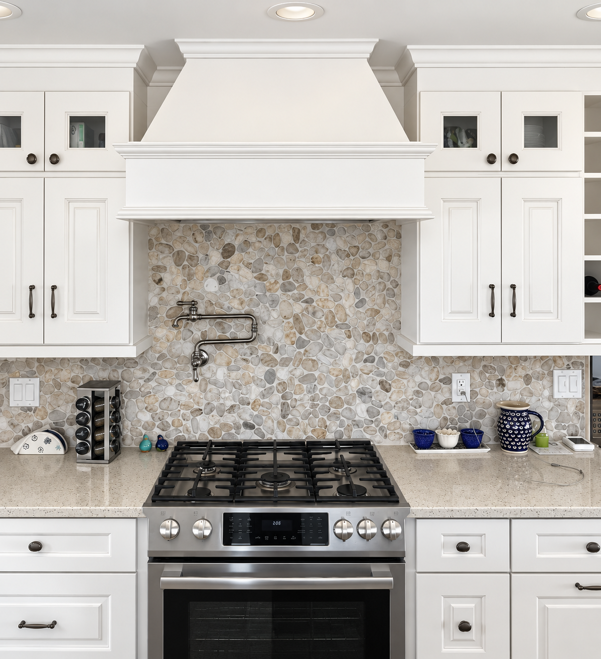 New kitchen with a white range hood, pebble tile backsplash and pot filler in the renovated Sea Isle City duplex