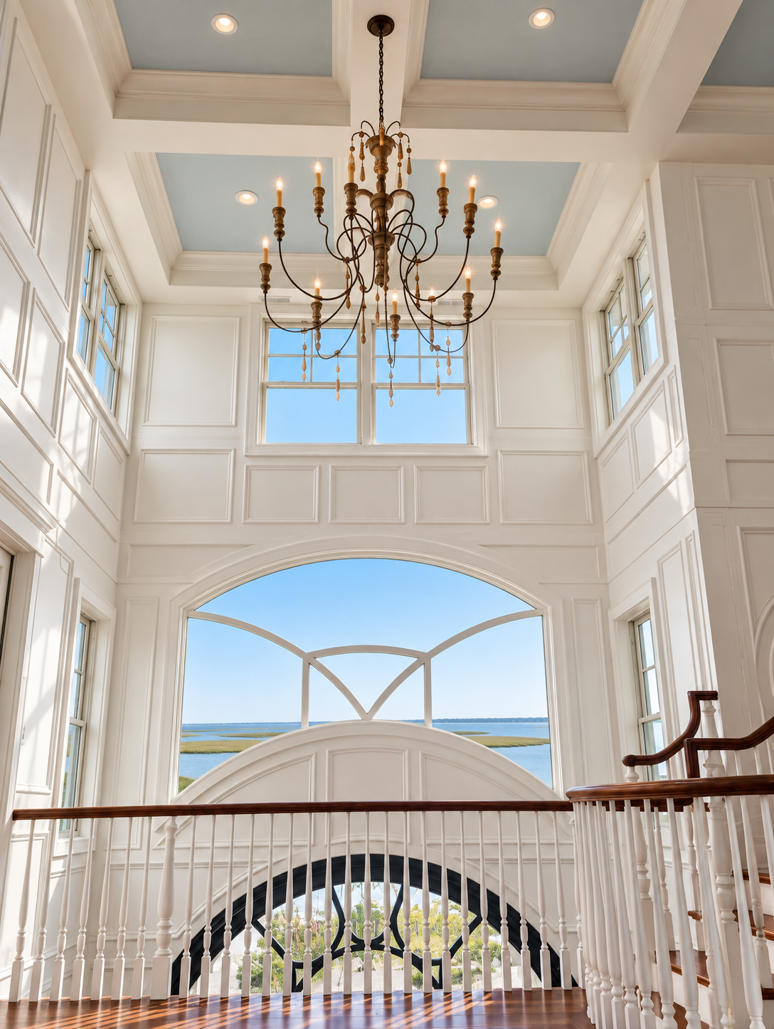 Two-story arched window with floor-to-ceiling millwork and a chandelier, custom home in Avalon, NJ