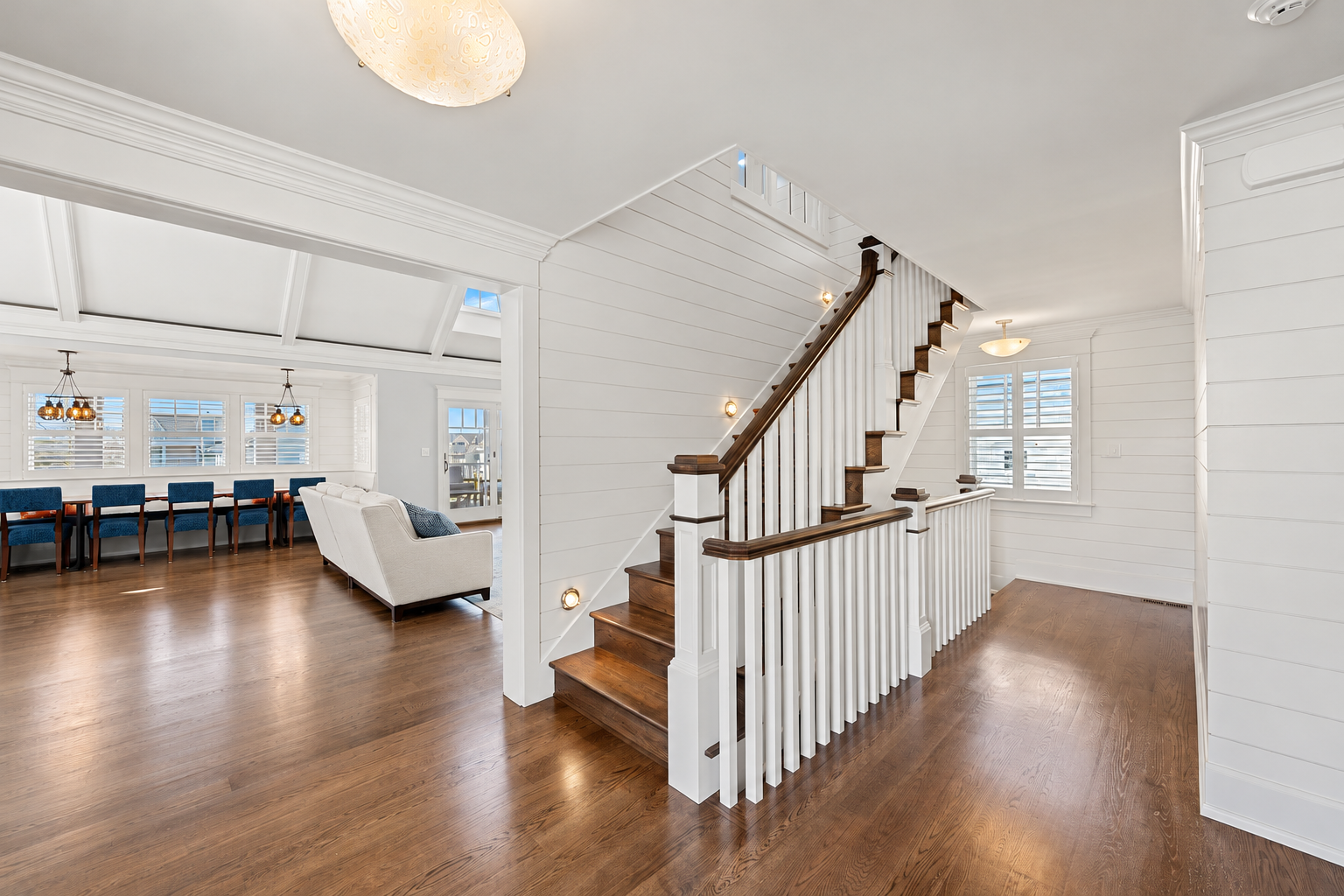 Custom staircase with shiplap walls, 213 57th St, Avalon, NJ