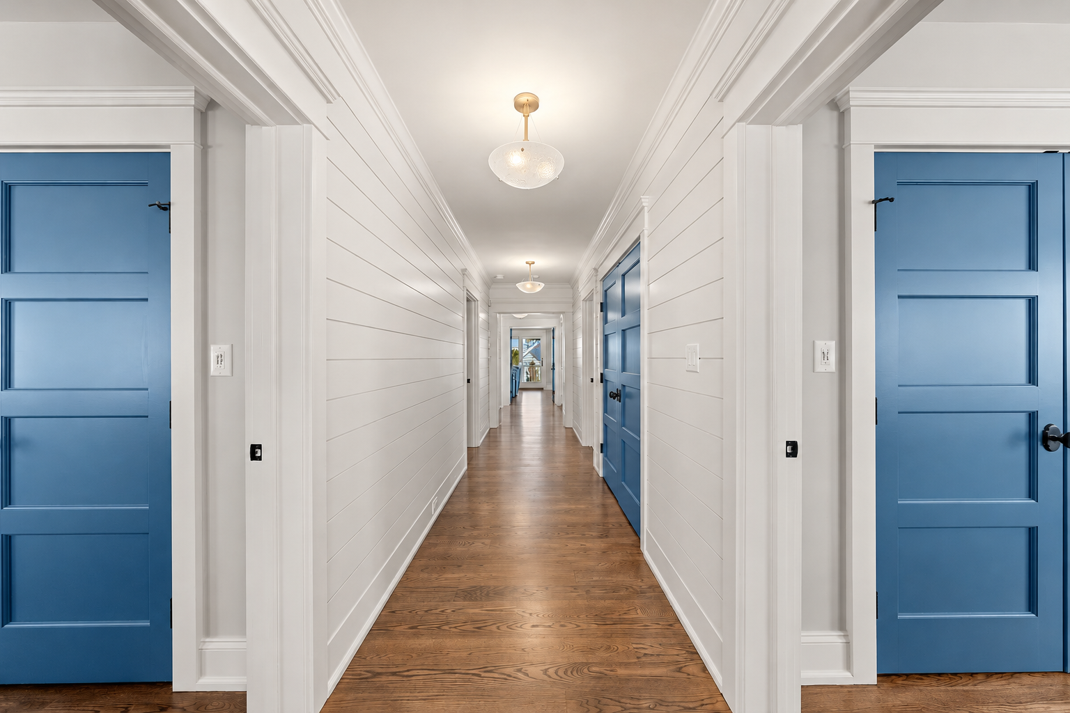 Shiplap hallway with blue doors, 213 57th St, Avalon, NJ