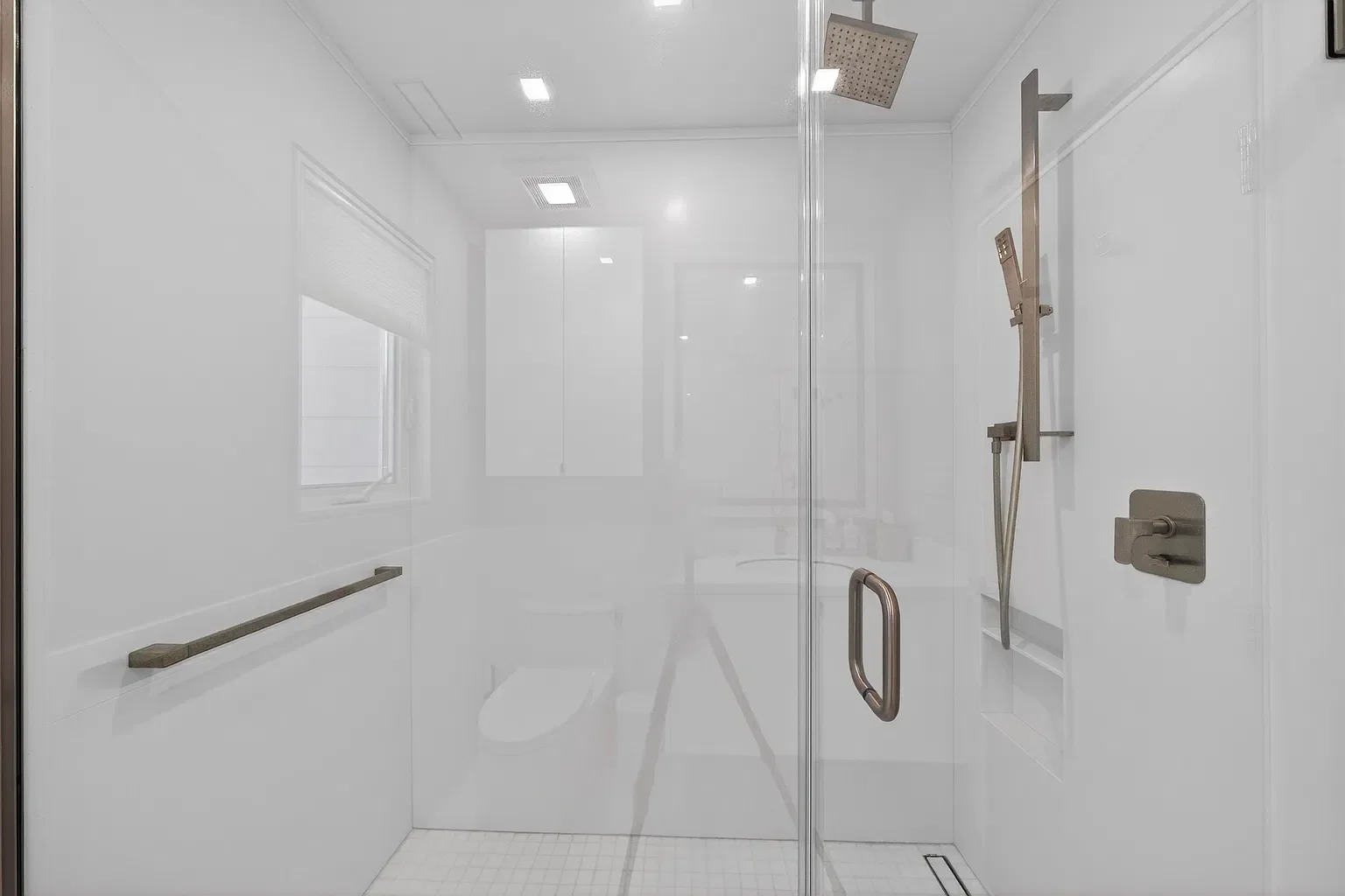 New glass walk-in shower in a renovated bathroom, 107 116th St, Stone Harbor, NJ