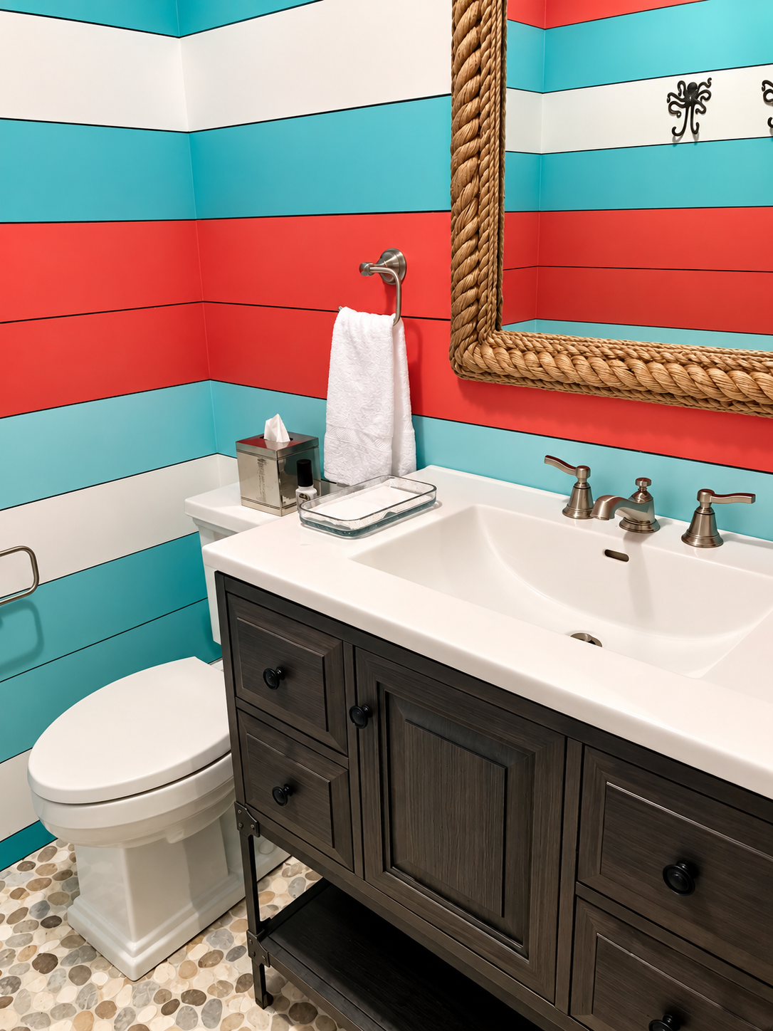 Bathroom with red and blue striped walls and navy vanity, Stone Harbor NJ